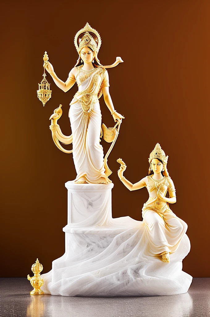 white marble statue of goddess Saraswati wearing golden ornaments with her swan and veena in the style of renaissance greek statue 