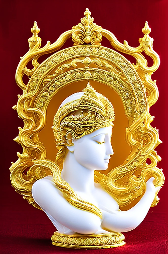white marble statue of goddess Saraswati wearing golden ornaments with her swan and veena in the style of renaissance greek statue