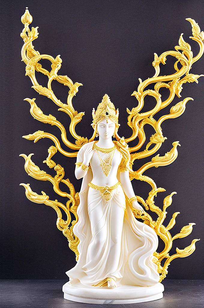 white marble statue of goddess Saraswati wearing golden ornaments with her swan and veena in the style of renaissance greek statue 