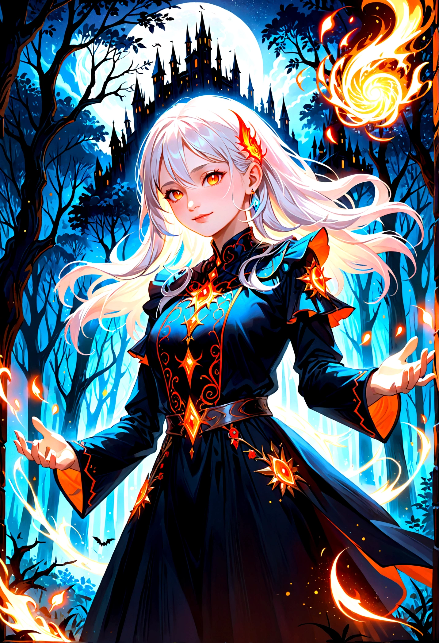 (a white-haired woman,spells:1.1,glowing:1.1)(illustration)(best quality,ultra-detailed,realistic:1.37),witch(demonic:1.1)(magic:1.1)(forest)(dark and mysterious,ominous atmosphere),casting powerful spells,creating magical energy(magic:1.1),vibrant white hair(swirling white hair)(flowing pink hair),:1.1),piercing orange eyes,enchanted(,elaborate dark robe,glowing magical sigils,fiery embers swirling(magical embers:1.1)(glowing embers),magical aura(glowing aura),eerie shadows,otherworldly presence(presence),sinister smile,nightfall in the background(dark night:1.1)(moonlit forest),lush and dense foliage(twisted trees)(mystical plants:1.1),mystical particles(swirling particles)(floating particles),ethereal glow(ethereal:1.1)(soft glow),faint moonlight breaking through the trees,haunting and captivating(scary atmosphere),bewitching beauty,wide range of colors(vivid colors)(contrasting colors),mystical realm,impressive details,dynamic composition,mesmerizing artwork,photorealistic style(picasso style),impressive shading and lighting,explosive energy,magical atmosphere(fantasy atmosphere),dreamlike scene