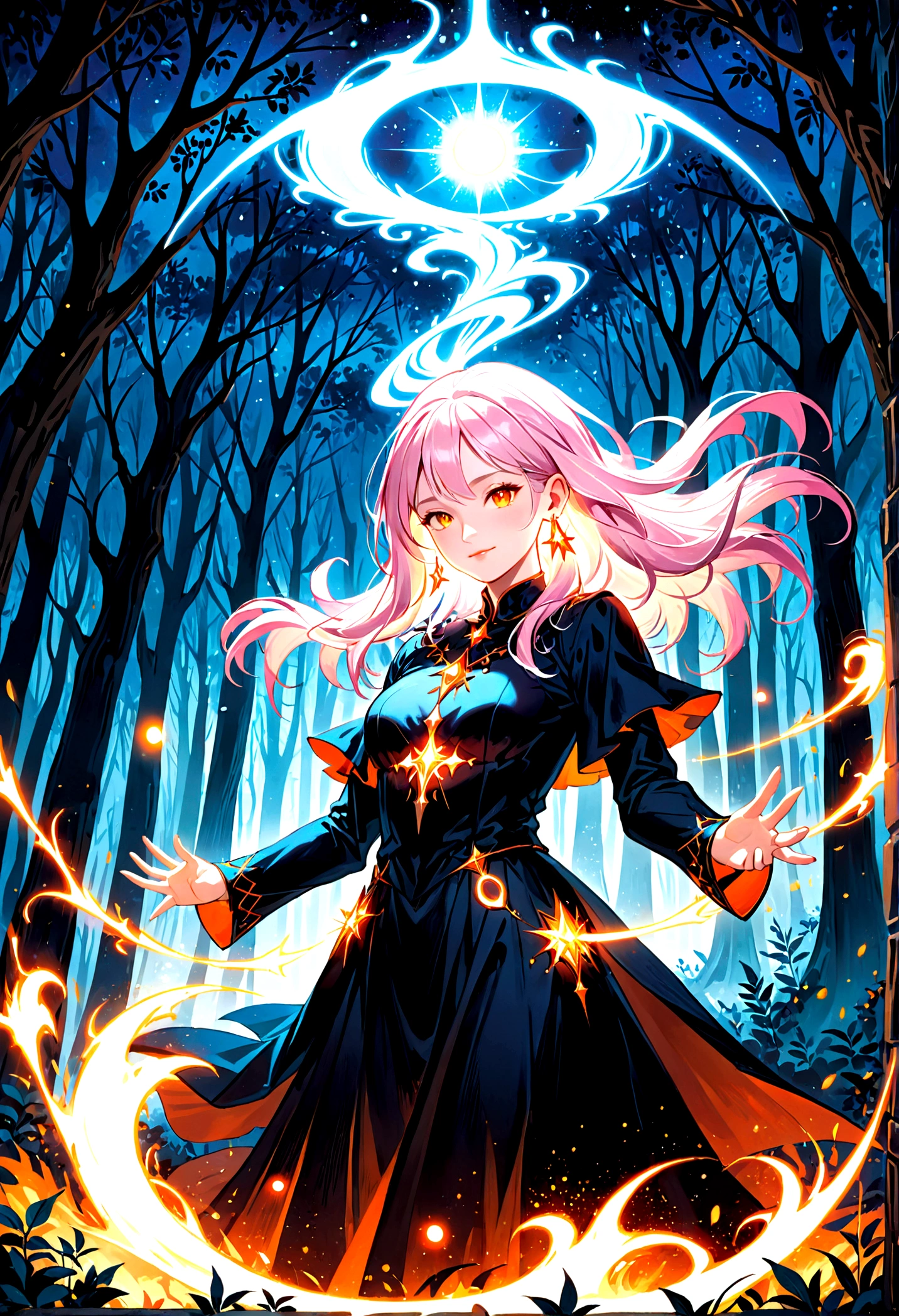 (a white-haired woman,spells:1.1,glowing:1.1)(illustration)(best quality,ultra-detailed,realistic:1.37),witch(demonic:1.1)(magic:1.1)(forest)(dark and mysterious,ominous atmosphere),casting powerful spells,creating magical energy(magic:1.1),vibrant white hair(swirling white hair)(flowing pink hair),:1.1),piercing orange eyes,enchanted(,elaborate dark robe,glowing magical sigils,fiery embers swirling(magical embers:1.1)(glowing embers),magical aura(glowing aura),eerie shadows,otherworldly presence(presence),sinister smile,nightfall in the background(dark night:1.1)(moonlit forest),lush and dense foliage(twisted trees)(mystical plants:1.1),mystical particles(swirling particles)(floating particles),ethereal glow(ethereal:1.1)(soft glow),faint moonlight breaking through the trees,haunting and captivating(scary atmosphere),bewitching beauty,wide range of colors(vivid colors)(contrasting colors),mystical realm,impressive details,dynamic composition,mesmerizing artwork,photorealistic style(picasso style),impressive shading and lighting,explosive energy,magical atmosphere(fantasy atmosphere),dreamlike scene