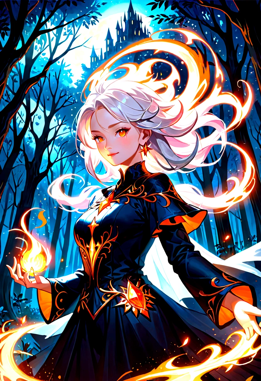 (a white-haired woman,spells:1.1,glowing:1.1)(illustration)(best quality,ultra-detailed,realistic:1.37),witch(demonic:1.1)(magic:1.1)(forest)(dark and mysterious,ominous atmosphere),casting powerful spells,creating magical energy(magic:1.1),vibrant white hair(swirling white hair)(flowing pink hair),:1.1),piercing orange eyes,enchanted(,elaborate dark robe,glowing magical sigils,fiery embers swirling(magical embers:1.1)(glowing embers),magical aura(glowing aura),eerie shadows,otherworldly presence(presence),sinister smile,nightfall in the background(dark night:1.1)(moonlit forest),lush and dense foliage(twisted trees)(mystical plants:1.1),mystical particles(swirling particles)(floating particles),ethereal glow(ethereal:1.1)(soft glow),faint moonlight breaking through the trees,haunting and captivating(scary atmosphere),bewitching beauty,wide range of colors(vivid colors)(contrasting colors),mystical realm,impressive details,dynamic composition,mesmerizing artwork,photorealistic style(picasso style),impressive shading and lighting,explosive energy,magical atmosphere(fantasy atmosphere),dreamlike scene