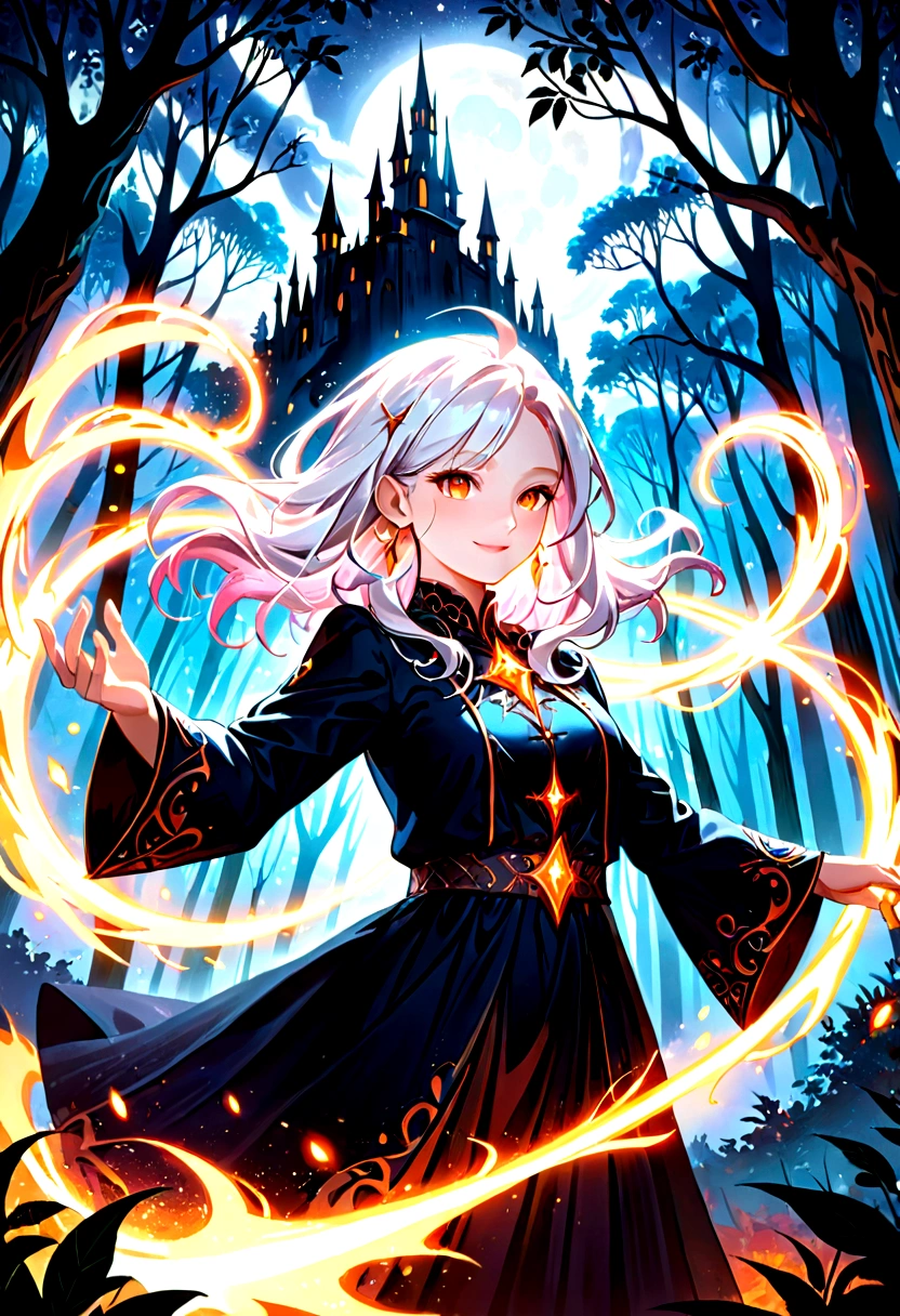 (a white-haired woman,spells:1.1,glowing:1.1)(illustration)(best quality,ultra-detailed,realistic:1.37),witch(demonic:1.1)(magic:1.1)(forest)(dark and mysterious,ominous atmosphere),casting powerful spells,creating magical energy(magic:1.1),vibrant white hair(swirling white hair)(flowing pink hair),:1.1),piercing orange eyes,enchanted(,elaborate dark robe,glowing magical sigils,fiery embers swirling(magical embers:1.1)(glowing embers),magical aura(glowing aura),eerie shadows,otherworldly presence(presence),sinister smile,nightfall in the background(dark night:1.1)(moonlit forest),lush and dense foliage(twisted trees)(mystical plants:1.1),mystical particles(swirling particles)(floating particles),ethereal glow(ethereal:1.1)(soft glow),faint moonlight breaking through the trees,haunting and captivating(scary atmosphere),bewitching beauty,wide range of colors(vivid colors)(contrasting colors),mystical realm,impressive details,dynamic composition,mesmerizing artwork,photorealistic style(picasso style),impressive shading and lighting,explosive energy,magical atmosphere(fantasy atmosphere),dreamlike scene