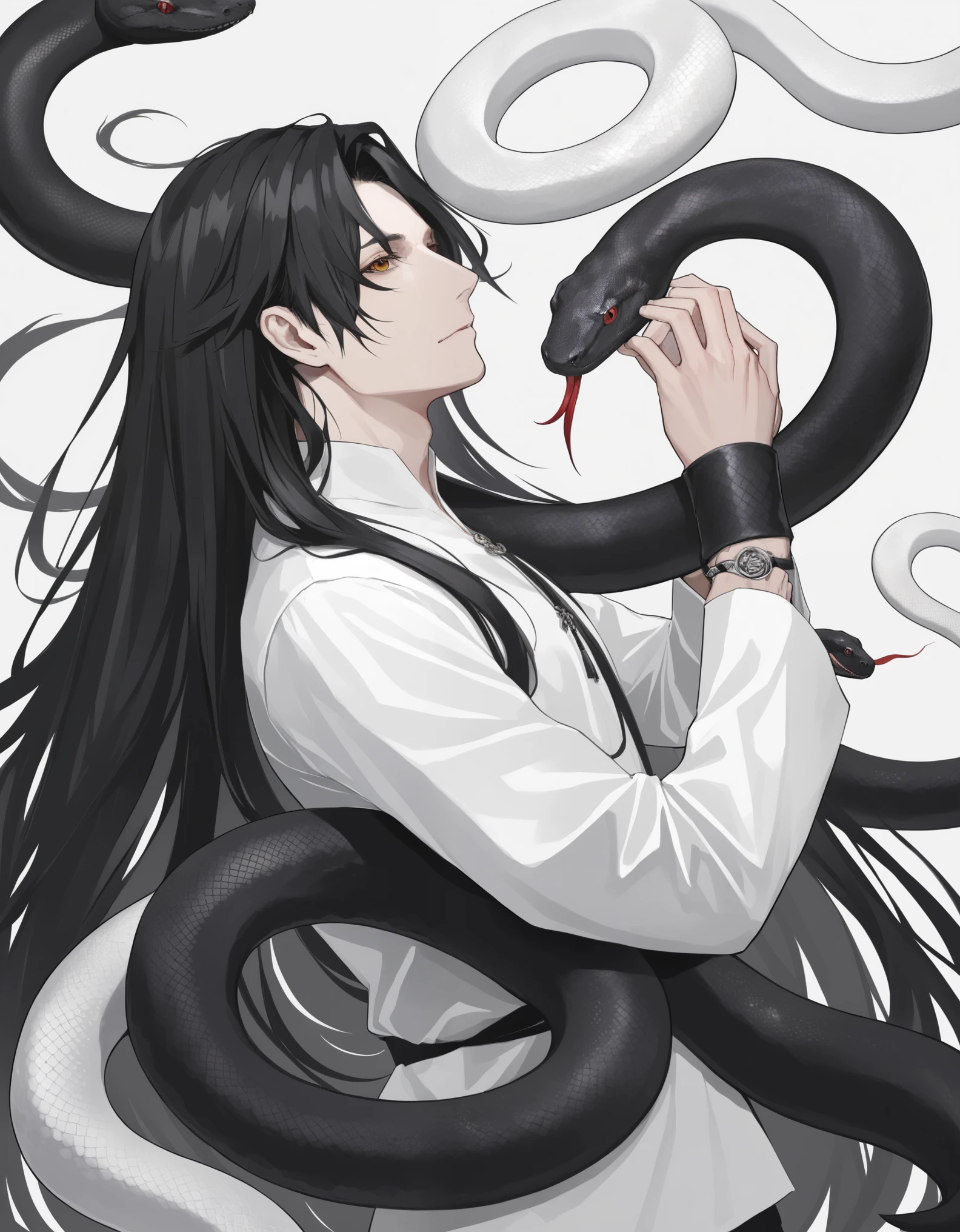 Long hair man,White snake and black snake coiled around