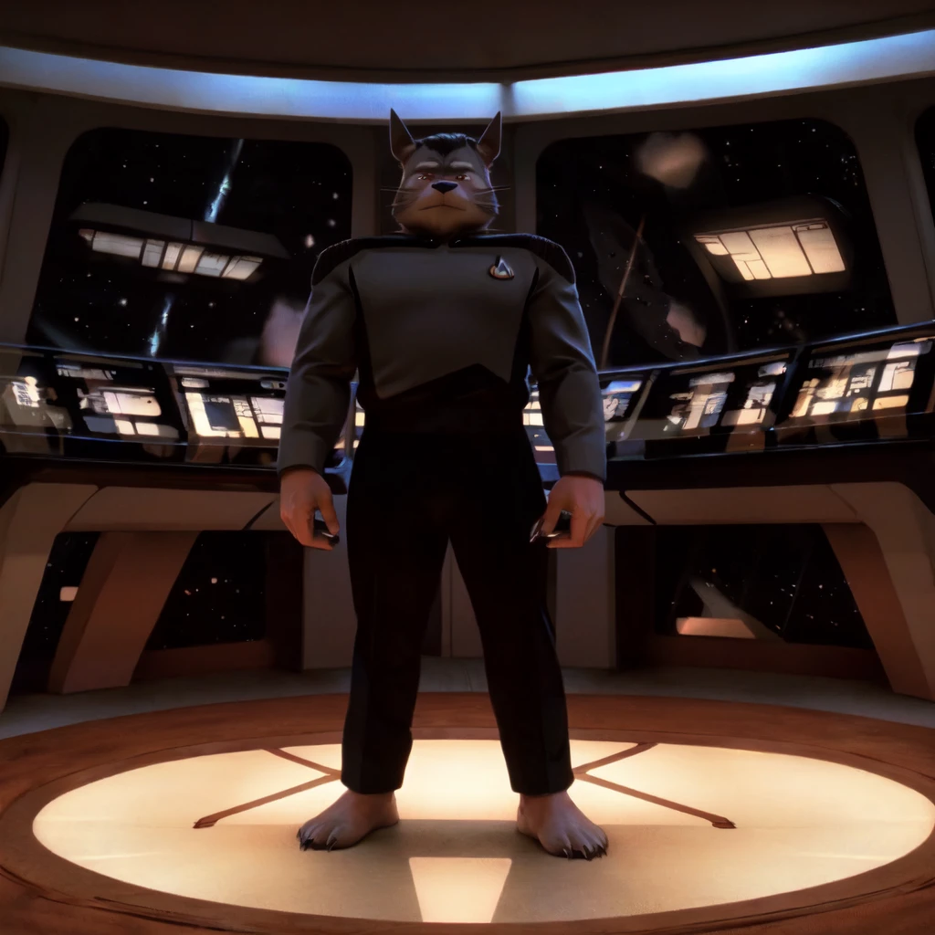 (((Barefoot furry character, full body, cinematic setting, furry male, plantigrade)))
captain ((Totoro)), studio ghibili, furry, big, fat, whiskers, grey skin, claws,
exudes confidence and authority on starship bridge, wears star trek next generation captain red uniform, ((s3stngunf uniform))) long black pants, muscular figure, dynamic pose, action expression
((Bridge of starship with many screens and consoles)), futuristic look, metalic, bright colors
BREAK, intricate details, highly detailed, extreme detail, octane render, fine art, best quality, highres, (detailed face:1.5), ((full_body)), UHD, (((perfect hands))), ((low light:1.5))