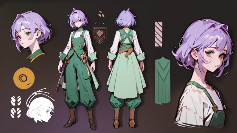 (Masterpiece, best quality), detailed, 1 gardener woman, ((character concept art)), ((character design sheet, reference sheet, same character, front, side, back)), full body, body complete, 1 female, 1 women. Character design sheet full body, Highly detailed, character sheet, character design, Many parts, pale skin, green eyes, short purple hair, male hairstyle, short male hair, lavender flower, lavender flower reference, lavender flower character reference, lavender flower inspired, flat chest, Male clothes, male clothing, pants, Ecofashion, Ecopunk, Earthy clothing, gardening clothing, gardening, Solarpunk, Solarpunk reference, Solarpunk inspired outfit, simple outfit, simple clothes, pants, gold details, pastel purple, dark green and brown color palette for the clothes.
