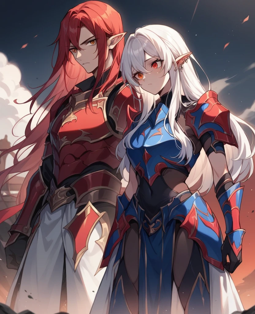 (Male,5'4,pierced pointy ears,light skin,red eyes, white long hair half up half down,Blue and white armour) and (Female,5'9,pointed ears,light skin,red hair,orange eyes,black and red armour) standing next to each other on a battlefield