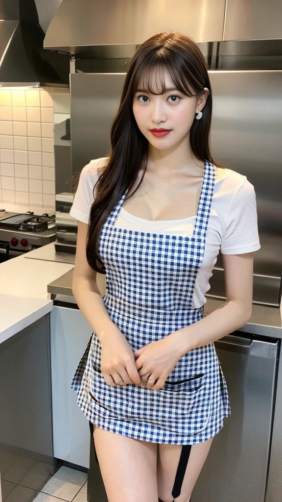 masterpiece、Highest quality、Ultra-high resolution、(Realistic:1.6)、1 Girl、(Long Hair:1.5)、(Gingham Check Suspender Apron:1.3)、(Plain blue high waist skirt:1.3)、(Apron skirt:1.2)、(White blouse:1.3)、(Medium breast、C cup bust:1.2)、Short sleeve、Button gap、(Plain blue bow tie:1.2)、(Slim figure:1.2)、(Smooth Skin:1.1)、Dynamic pose、(chest:1.2)、Cafe、restaurant、Red lipstick、Shiny Hair、((Thighs))、Long legs、Lifelike skin texture、Clear photos、Detailed face and eyes、((In the kitchen、Refrigerator and cupboard))