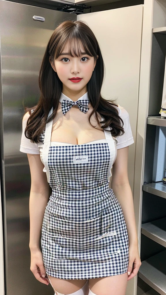 masterpiece、Highest quality、Ultra-high resolution、(Realistic:1.6)、1 Girl、(Long Hair:1.5)、(Gingham Check Suspender Apron:1.3)、(Plain blue high waist skirt:1.3)、(Apron skirt:1.2)、(White blouse:1.3)、(Medium breast、C cup bust:1.2)、Short sleeve、Button gap、(Plain blue bow tie:1.2)、(Slim figure:1.2)、(Smooth Skin:1.1)、Dynamic pose、(chest:1.2)、Cafe、restaurant、Red lipstick、Shiny Hair、((Thighs))、Long legs、Lifelike skin texture、Clear photos、Detailed face and eyes、((In the kitchen、Refrigerator and cupboard))