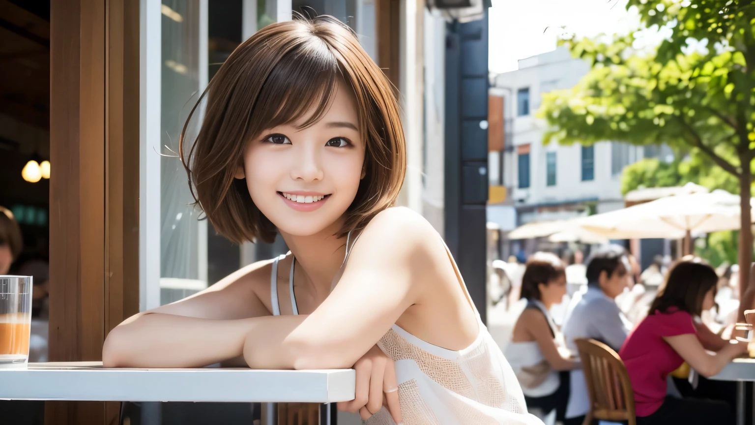 super high quality, Short Hair, Slender, Gravure photoshoot, The staff is working at the counter in the back., (8K、RAW Photos、Highest quality、masterpiece:1.2), Japanese Idol, Stylish café, The cafe is crowded with people enjoying themselves., (Realistic、Photorealistic:1.37), Mesh Hair, Urban Cafe, Golden Ratio, Raw photo, Cute face , Light Brown Hair, Small breasts, Bright cafe interior, Summer clothes, Cafe Terrace, Open Cafe, A kind smile, Hair blowing in the wind, Neat clothes, boyish, ベリーShort Hair, 18-year-old, younger sister, Stylish clothes, 
