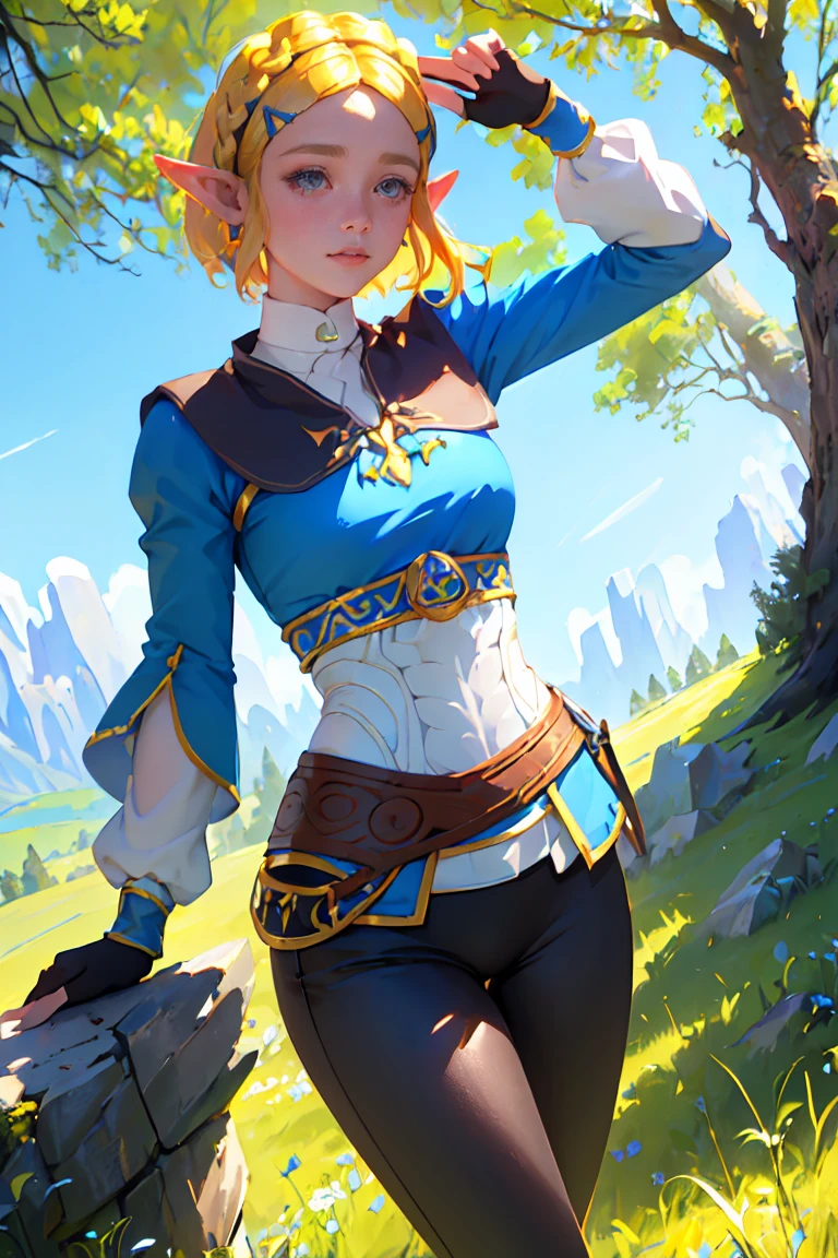 ((Masterpiece, top quality, high resolution)), ((highly detailed CG unified 8K wallpaper)), 1girl, Princess Zelda, short hair, crown braid, hairclip, pointy ears, brown cape, blue shirt, puffy sleeves, long sleeves, fingerless gloves, black gloves, black panties, tight pants, aazelda, long hair, crown braid, hairclip, pointy ears, blue shirt, long sleeves, fingerless gloves, black gloves, black pants, tight pants sweating, outdoors, grass, meadow, cliffs, stony,