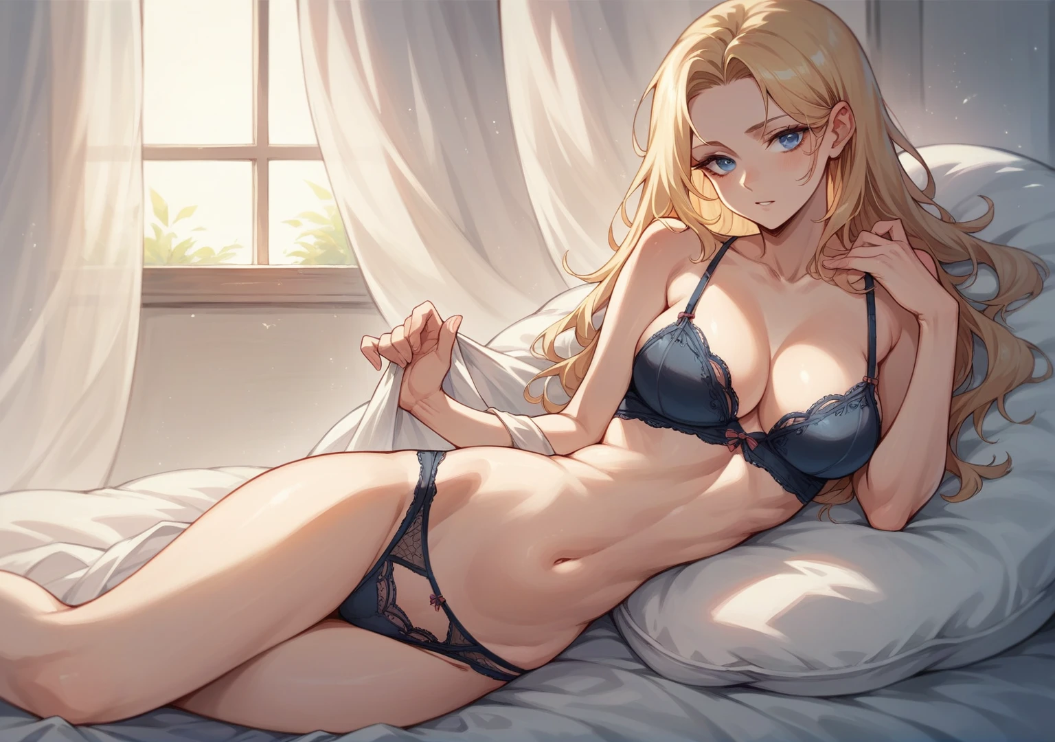 beautiful woman , blond hair,blue eyes, with super sexy lingerie , black color