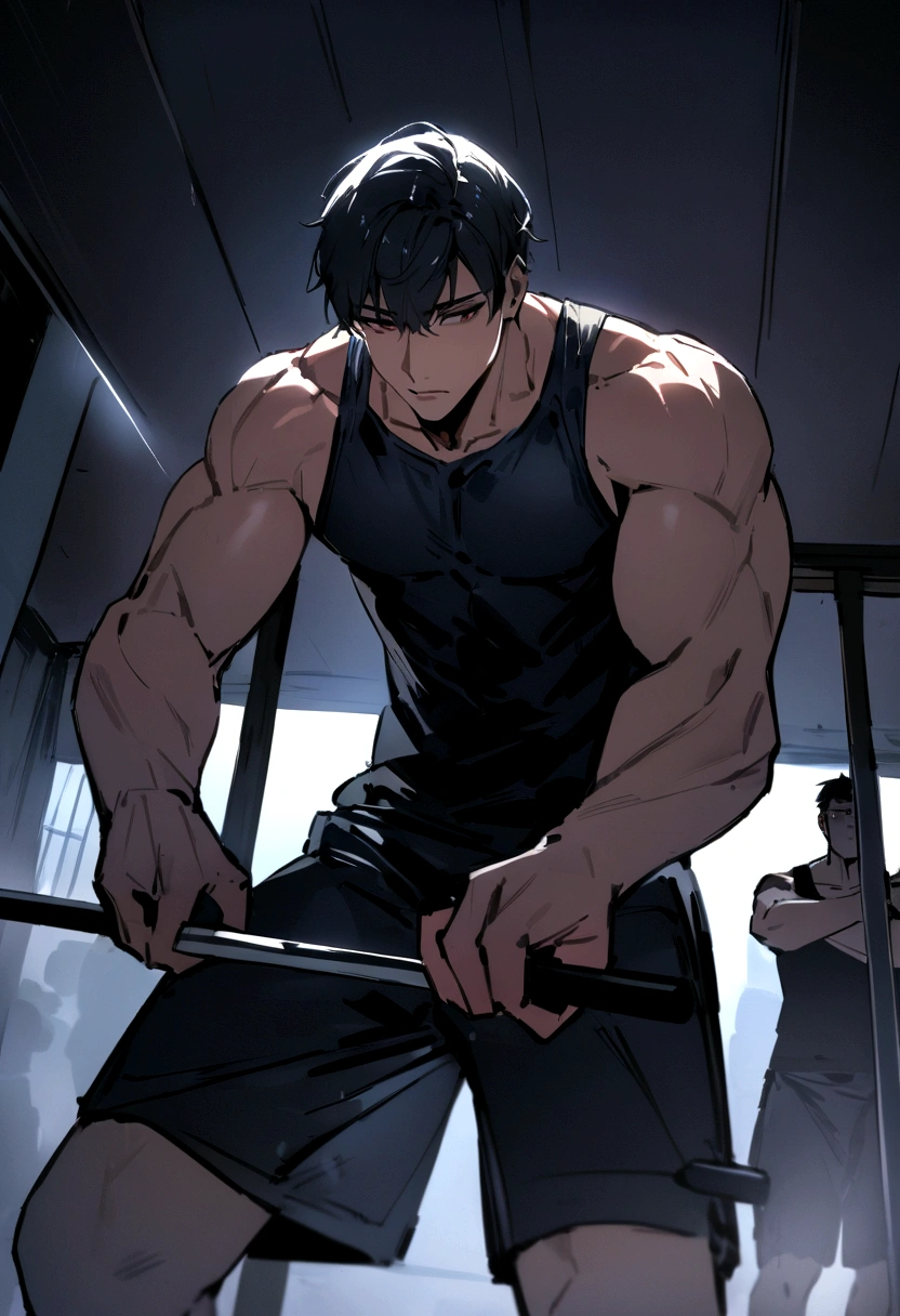 Masterpiece, of the highest quality, man seen from third person doing exercise where you can see that he is doing barbell exercise, and wherever you see that it is already getting dark