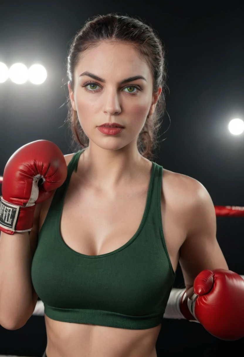 A woman in a boxing ring posing for a photo, wmma. A woman in a black tank top and red boxing gloves. Portrait of a female boxer, fierce expression, sweat on her face, boxing gloves, [Realistic], (Hard lighting: 1.2), (Boxing ring scene: 1.1), (4k resolution. Black sports bra and shorts,Gloves boxer,With attentive eyes,Boxing stance,waist line. 1 hyper-realistic real photo, frontal close-up, swinging a boxing glove in front of the camera with passion and anger, preparing to throw a strong punch. Completely Arafed woman with green eyes, eyes open and head high. Pose of a strong and muscular woman, determined expression, fierce look, athletic build, confident pose, beautiful young black woman with dark skin. Voluminous black hair with brown highlights, green eyes, green eyes, expressive green eyes, beautiful green eyes, realistic green eyes, detailed, ultra-realistic, symmetrical, hyper-realistic green eyes (eyeliner, long and perfect eyelashes). thick, the nose is small and proportional to the face and the soft contour of the face that accentuates the high cheekbones. Attractive and irresistible mouth, well-defined lips, full lips, voluminous lips, seductive lips, captivating, striking, unforgettable and enigmatic, black lipstick. The face is oval, with high cheekbones and a well-defined chin, a beautiful and detailed face. Black lipstick, gothic makeup. Skin tone: Olive skin, healthy and even glow, with olive skin, dark skin, sexy girl with olive skin, detailed skin texture, beautiful and glowing skin, intricate details, smooth skin, healthy and radiant appearance. Hourglass body, voluptuous body, slender woman, Huge breasts, well-toned belly, toned tummy, slim waist, Wide hips, big hips, huge butt, thick thighs, Long and shapely legs. 50 mm lens, f/2.8, hdr, (8K) RAW photo, high quality resolution 8K uhd, dslr, 2k, 4K, 8K, 16K.