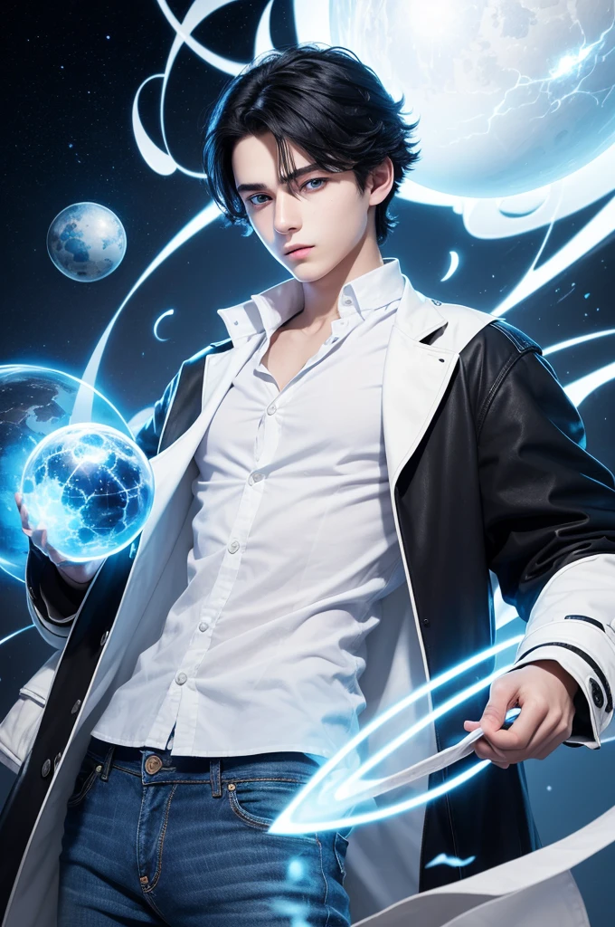 An 18 year old boy with straight black hair, blue eyes, white coat and blue blouse and jeans and a white energy sphere in his hands 