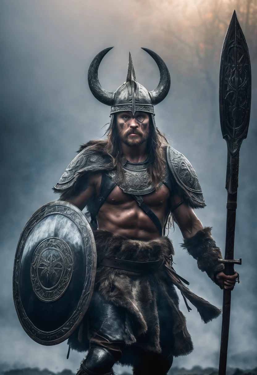 a highly detailed finnish pagan warrior, hdr, macro, 8k, photorealistic, cinematic lighting, epic pose, muscular build, glowing runes on armor, holding a sword and shield, intense battle expression, dramatic fog and mist effects, moody and atmospheric background