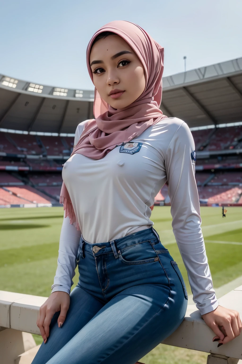 (4k, very realistic, soft light, muted colour), 23 year old asian girl, very pretty girl with youthful face, wearing a pink stylish hijab, wearing long sleeve manchester city jersey, (jersey tucked in), (wearing black long jeans), tight outfit, sitting at stadium alone, hands on hips, (stadium background), slim body, huge , (huge breast 1.6), kawaii, shot from front, realistic photography, professional model