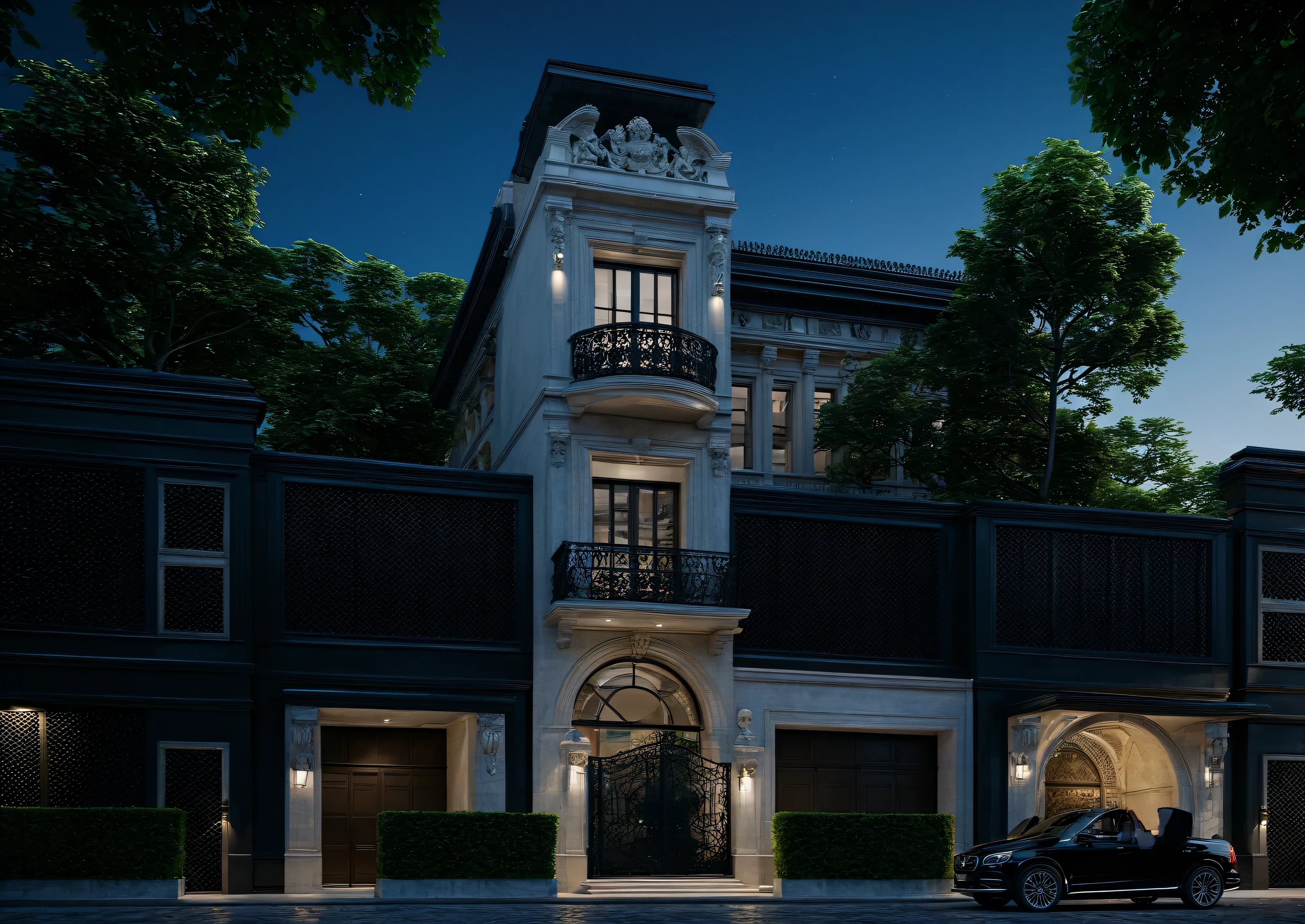 there is a black car parked in front of a building, neo - classical style, realistic architecture, realistic building, neo-classical, neo - classical, freddy mamani silvestre facade, overall architectural design, wide angle exterior 2022, 3 d vray render, exterior design, render 3 d, realistic 3 d style, render vray