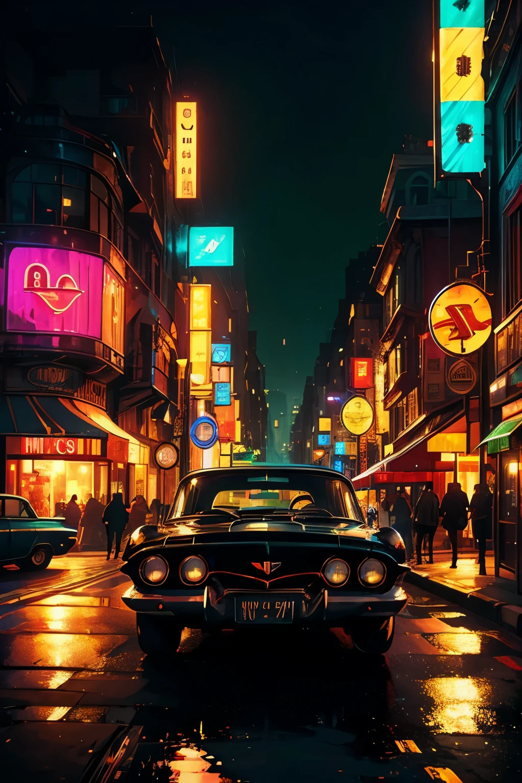 (Masterpiece), Old Car, Black Car, Center Position, (1960s classic car), City Lights Glowing, Reflecting Off the Car's Sleek Surface, (Metallic Sheen), Nighttime Ambiance, (8K Wallpaper, High Resolution), Detailed Engine, Rustic Patina, Metallic Scratches, (Low Perspective), Under the City's Glow, (Street Lamps Line Up), Dynamic Shadows, (Neon Signs in the Distance), High Contrast, (Center Focus), Old World Charm, (High Quality, 1 Car), Nighttime Nostalgia, Classic Eleg