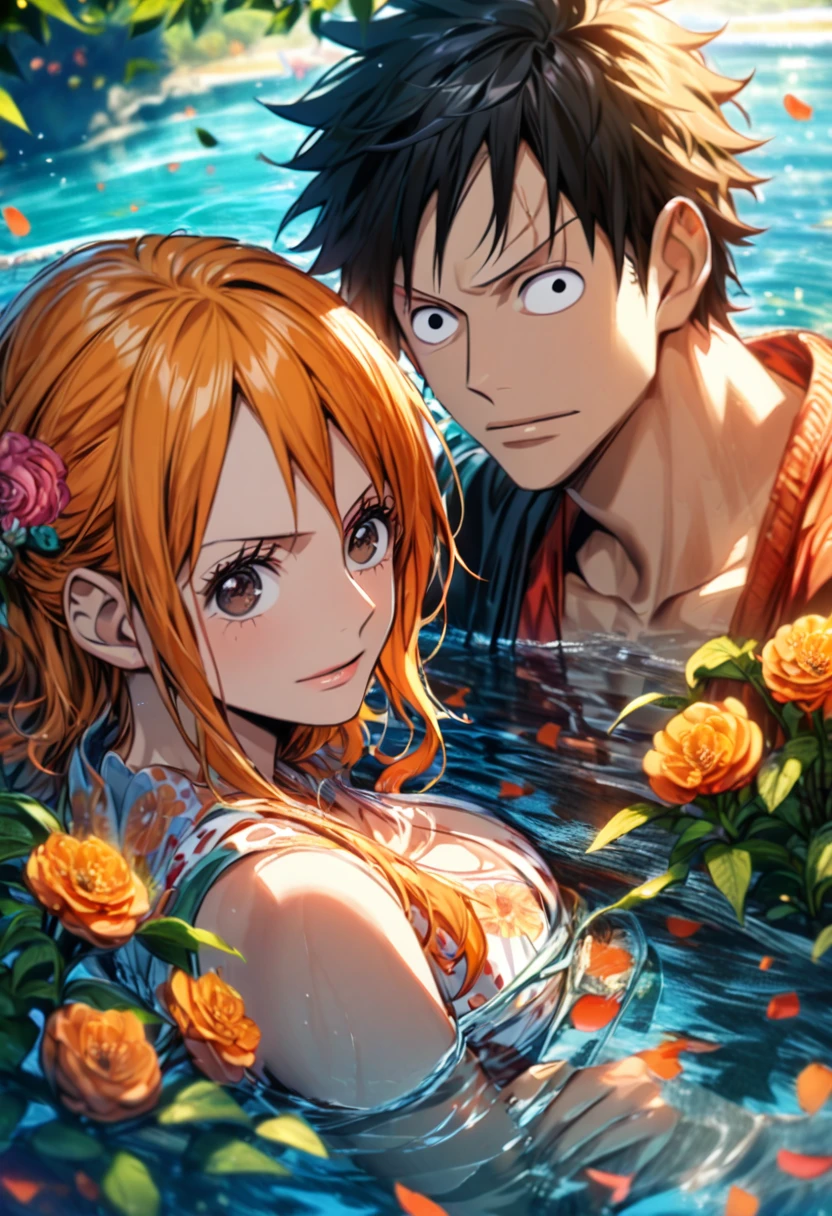 Ultra detailed, highres, absurdres, HDR, Luffy, black eyes, black hair, Nami, orange hair, brown eyes, One Piece, flowers, petals, green leaves, water, 1 man together with 1 woman as a couple, handsome, very detailed face and eyes,