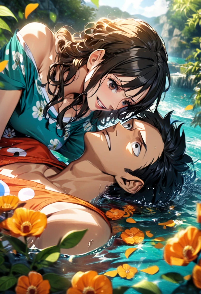 Ultra detailed, highres, absurdres, HDR, Luffy, black eyes, black hair, Nami, orange hair, brown eyes, One Piece, flowers, petals, green leaves, water, 1 man together with 1 woman as a couple, handsome, very detailed face and eyes,