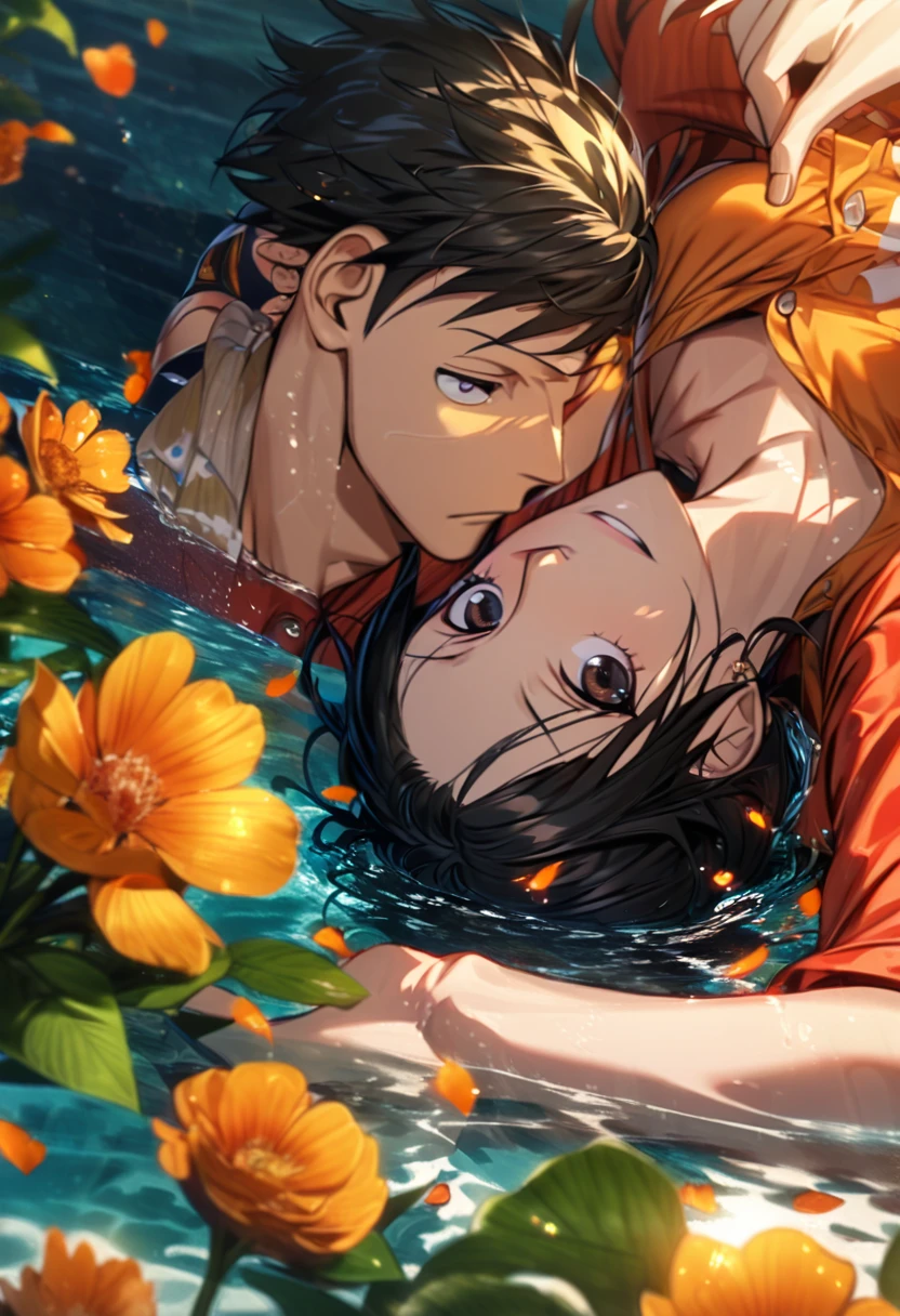 Ultra detailed, highres, absurdres, HDR, Luffy, black eyes, black hair, Nami, orange hair, brown eyes, One Piece, flowers, petals, green leaves, water, 1 man together with 1 woman as a couple, handsome, very detailed face and eyes,
