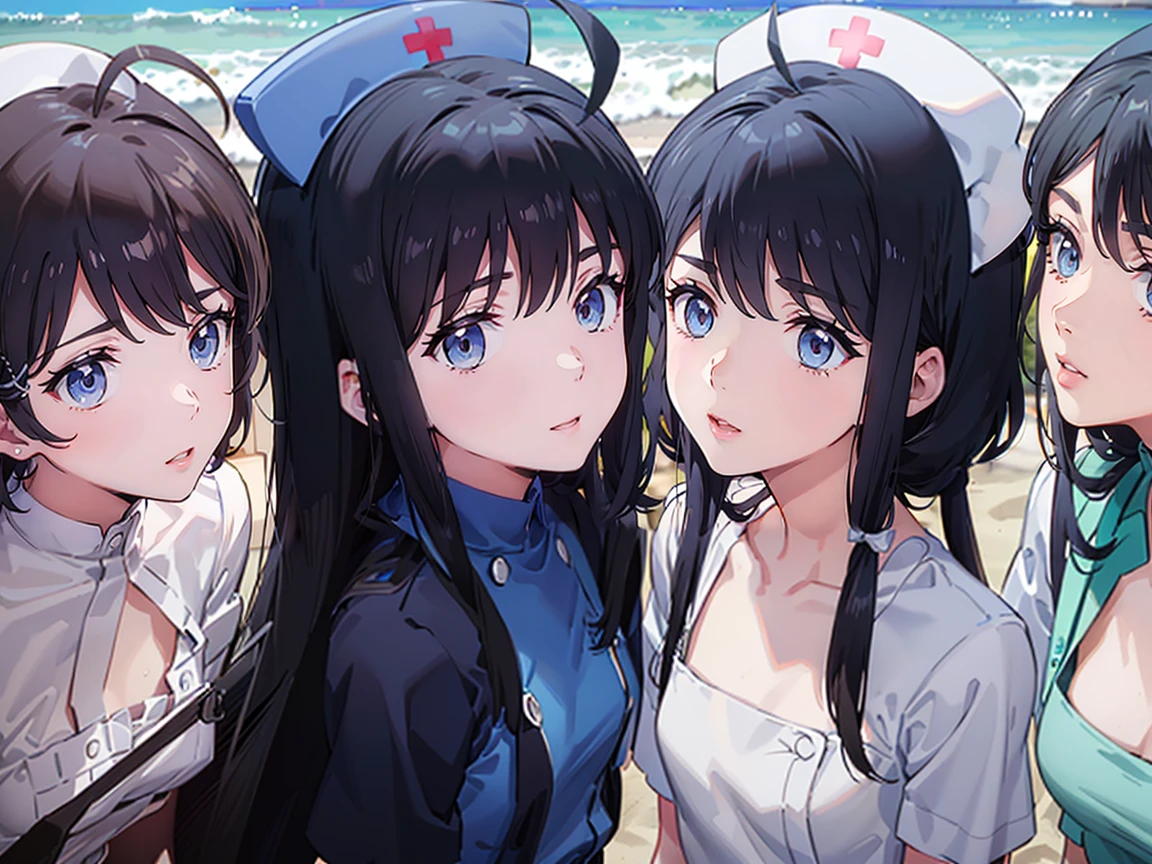 (((High resolution:1.5))), (((Very detailedな:1.5))), (((Three Girls:1.3))),((7Head to Body:1.3))、 (((beach,Outdoor、Midday light background)))、(((Happy expression))), (((smile:1.5)))、(((Beautiful and detailed eyes:1.3))), (((Very detailed))), (((Details face:1.5))), break ,sunny、(((White nursing uniform、nurse:1.5))),(((Very delicate body:1.3)))、(((Very flat chest:1.5)))、((Small waist))、((thigh gap:1.3))、Friendly atmosphere、(from side:1.2),Normal limbs、(((Ahoge:1.3)))、