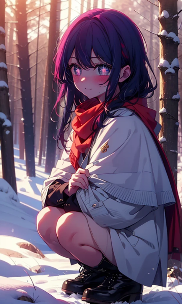 aihoshino, Ai Hoshino, Long Hair, bangs, (Purple eyes:1.1), Purple Hair, (Symbol-shaped pupil:1.5), smile,,smile,blush,White Breath,
Open your mouth,snow,Ground bonfire, Outdoor, boots, snowing, From the side, wood, suitcase, Cape, Blurred, , forest, White handbag, nature, Squat, Mouth closed, Cape, winter, Written boundary depth, Black shoes, red Cape break looking at viewer, Upper Body, whole body, break Outdoor, forest, nature, break (masterpiece:1.2), Highest quality, High resolution, unity 8k wallpaper, (shape:0.8), (Beautiful and beautiful eyes:1.6), Highly detailed face, Perfect lighting, Highly detailed CG, (Perfect hands, Perfect Anatomy),