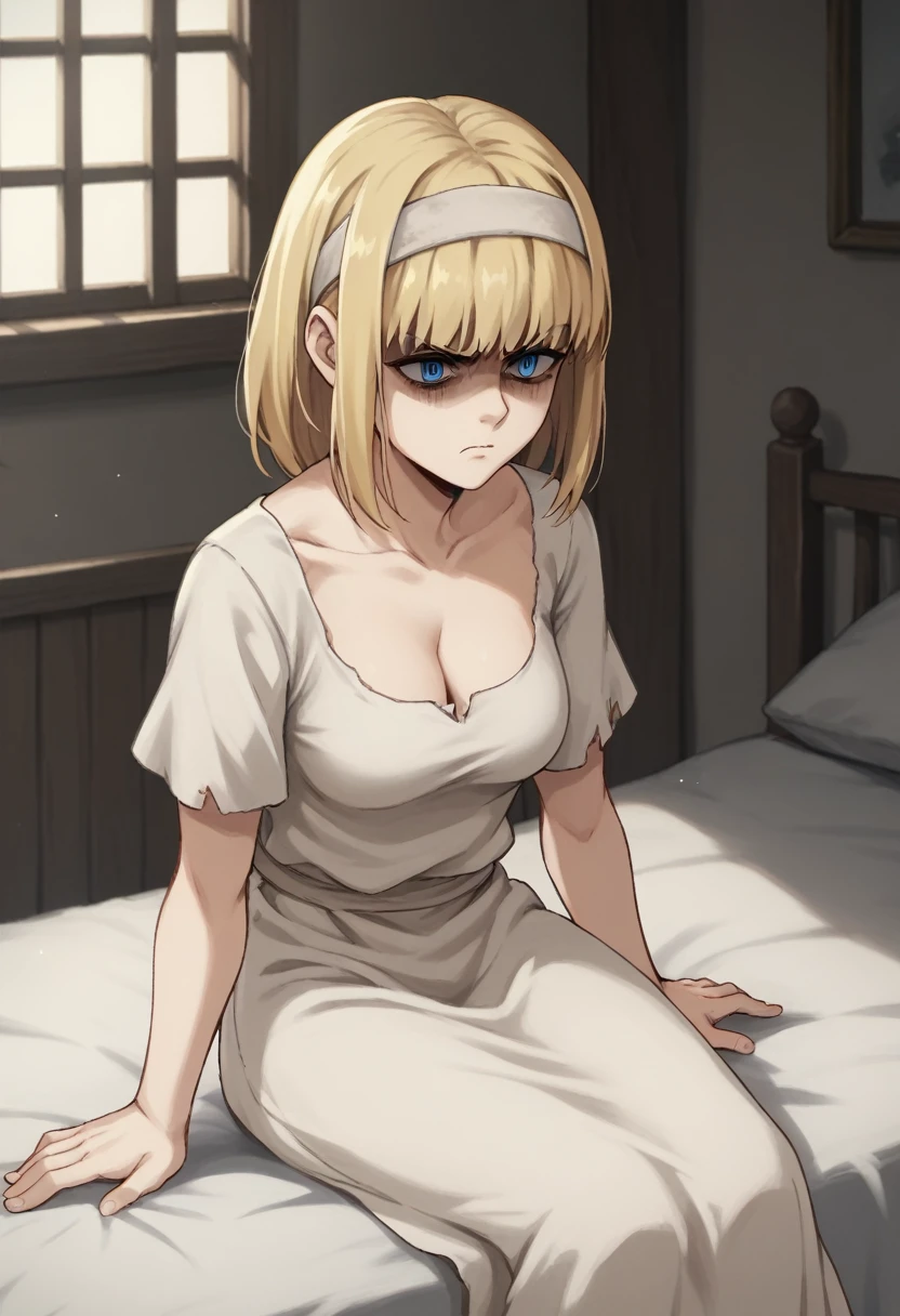 score_9, score_8_up, score_7_up, ymir fritz,1girl, solo, hairband, blonde hair, bangs, medium hair,shaded face,white dress, short sleeves, room, , medium breasts, ,sitting, bed, angry, from adove, blue eyes, cleavage, breasts,
