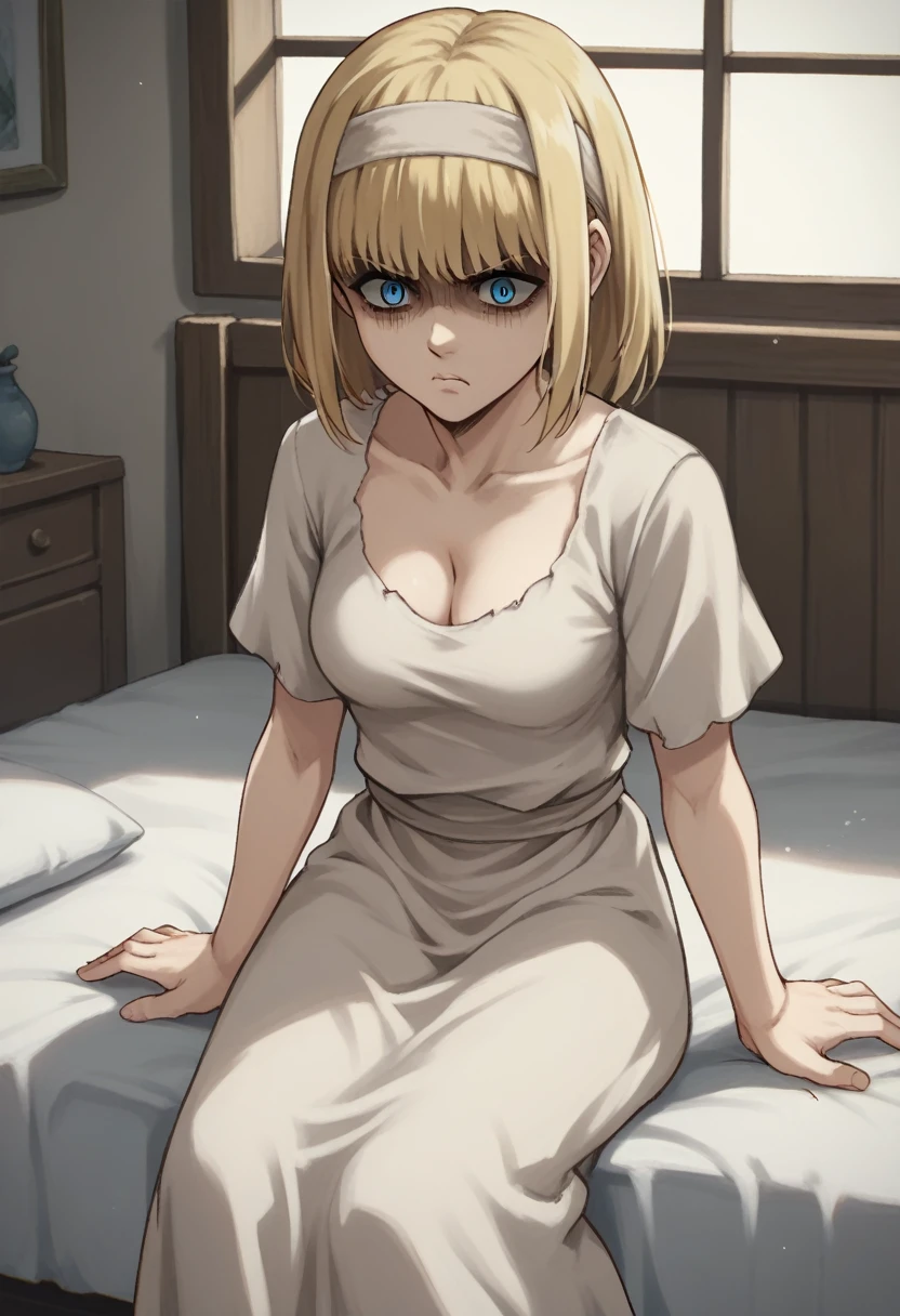 score_9, score_8_up, score_7_up, ymir fritz,1girl, solo, hairband, blonde hair, bangs, medium hair,shaded face,white dress, short sleeves, room, , medium breasts, ,sitting, bed, angry, from adove, blue eyes, cleavage, breasts,
