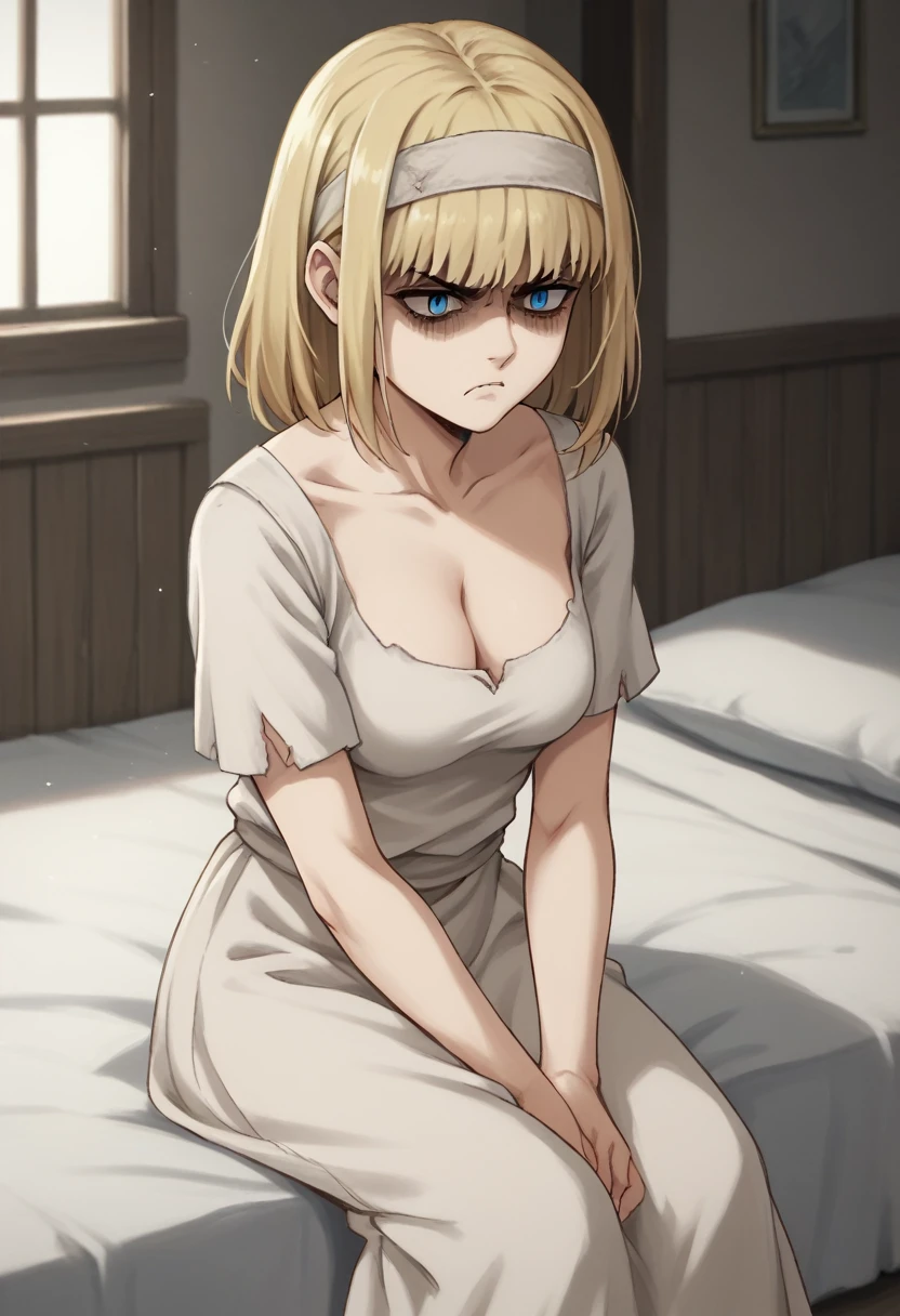 score_9, score_8_up, score_7_up, ymir fritz,1girl, solo, hairband, blonde hair, bangs, medium hair,shaded face,white dress, short sleeves, room, , medium breasts, ,sitting, bed, angry, from adove, blue eyes, cleavage, breasts,
