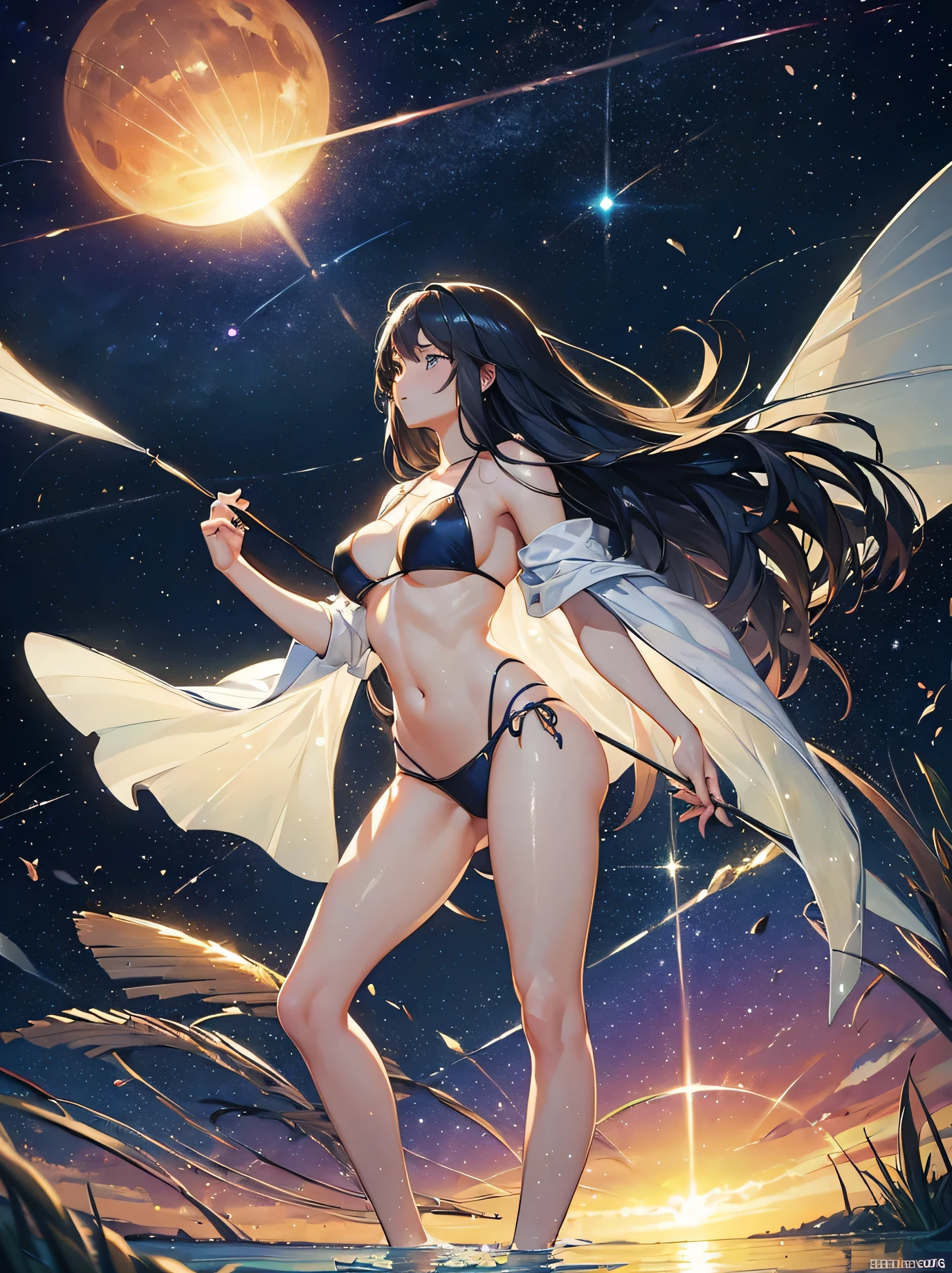 ((masterpiece, best quality:1.3)), High Definition, 8k wallpaper, (Fantastic landscape), dreamy, otherworld, galaxy, [1sexy girl:1.2], (beautiful face, A slight smile), (Straight Hair, Straight bangs), Facing the camera, (Sexy Bikini, No Clothes), light leaks, reflected in water under a sunset, 