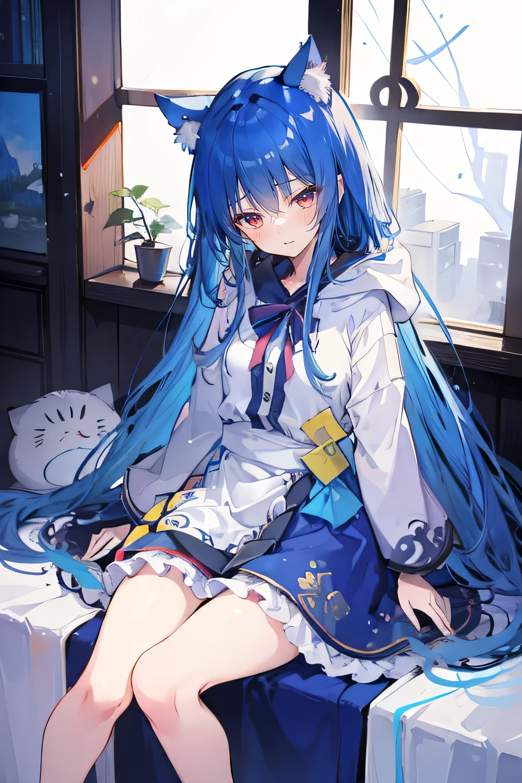 (masterpiece:1.2),Super detailed,lifelike,Expressive eyes,fair skin,perfect face shape,1 girl,
Japanese comics,Gorgeous blue hair,flowing blue hair,flowing clothes,Cat ears,Petals fall,beautiful lola,Baby Angel,
Shaking head with one hand,Cross your legs,Gentle and peaceful background,The pavilion is cool and comfortable,smile, wearing hoodie, In front of the window,snowing