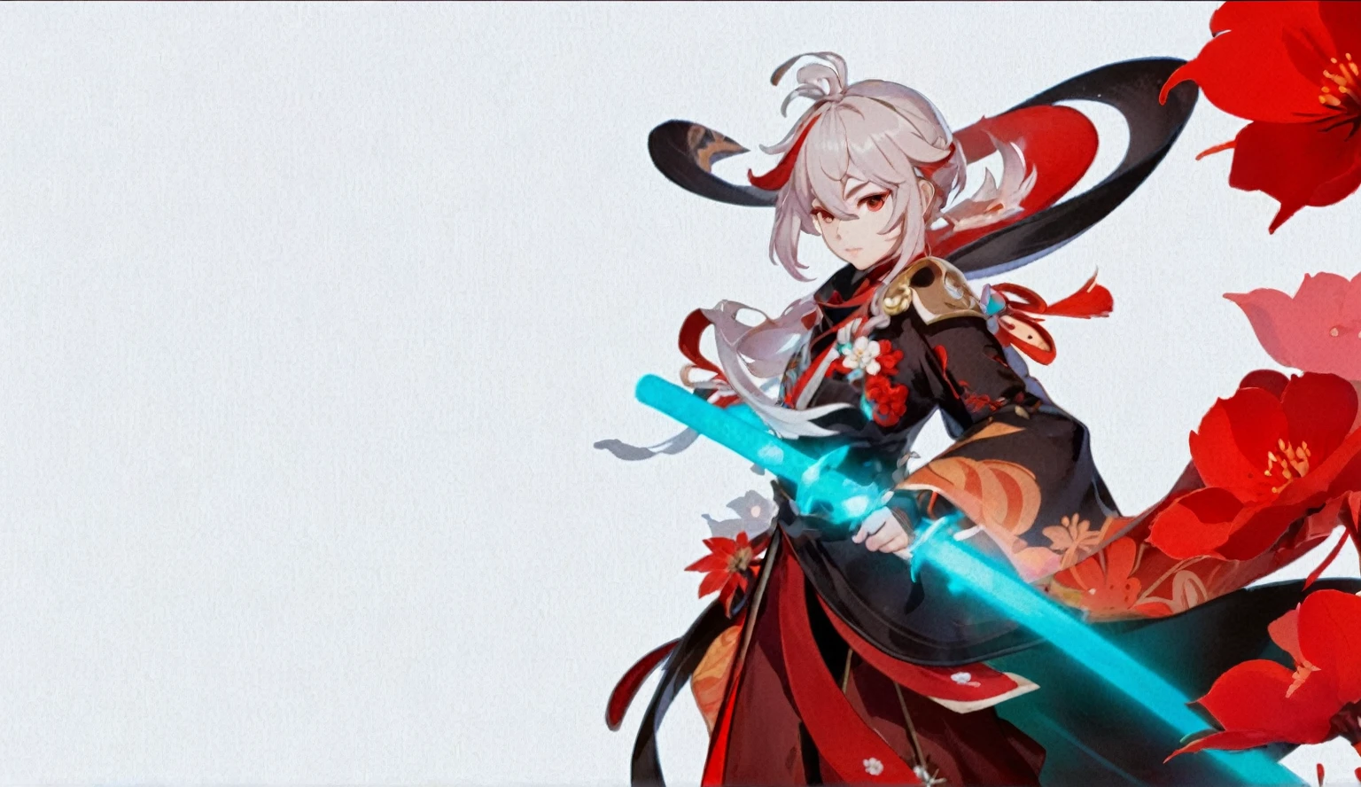 Chinese red flowers on a red background, Character from Genshin Impact