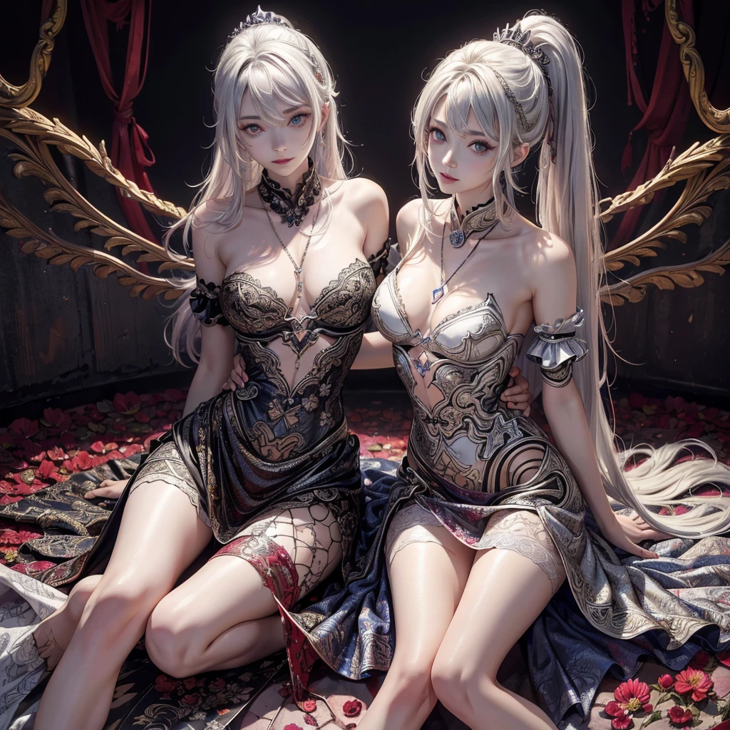 (msterpiece:1.3), (8k, RAW photo, best quality: 1.4), beautiful face, beautiful hairstyle, beautiful detailed eyes, beautiful skin, absurdres, attractive, ultra high res, highly detailed,NSFW, 2 girls in abandoned underground basement,vagina close up,necklace,arms behind back,evil smile, ultra detailed skin,Heavy makeup, flower hairpin,colorful patterned lace dress, dirty ground,on bed,bondage, exposed pussy,long straight hair,blood, vagina spurting blood,slim legs,knife,vaginal knife insertion,kiana kaslana,