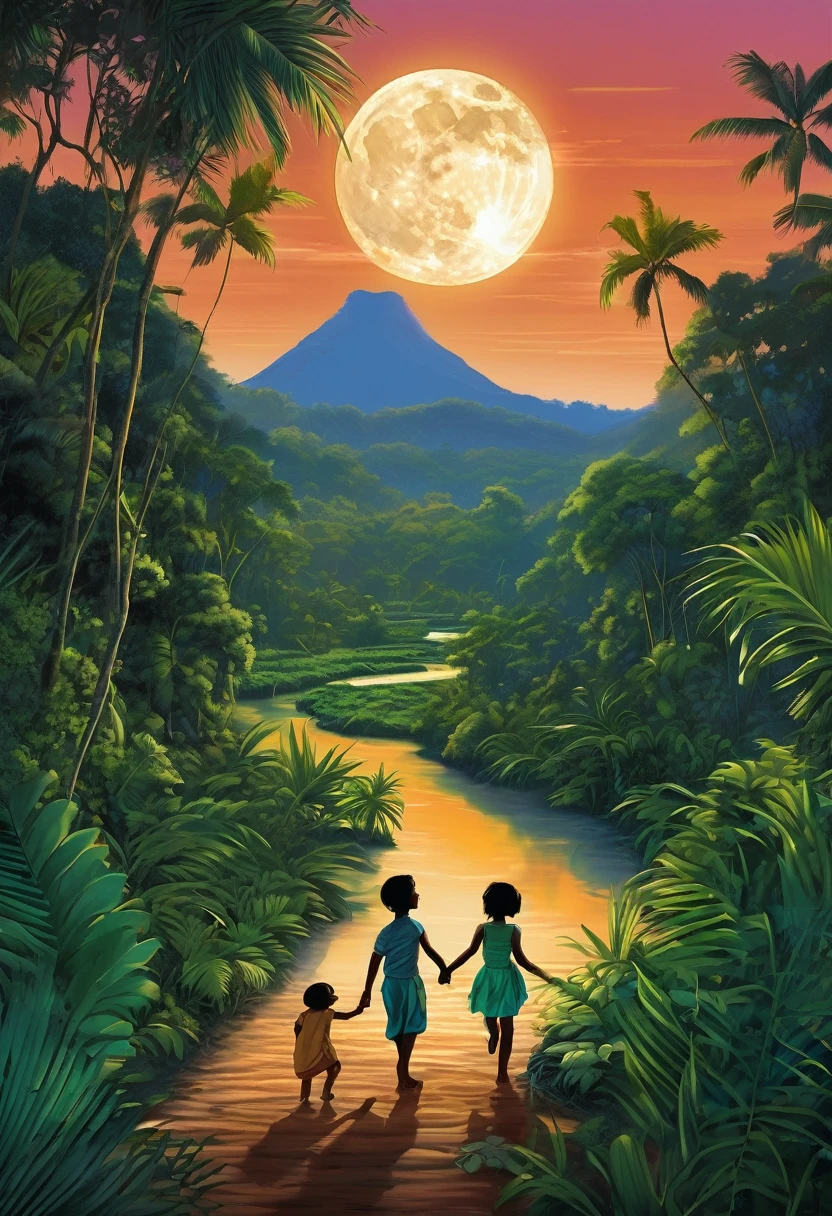 A serene night-time scene in the heart of a lush jungle beside a gently flowing river. A full moon casts a soft silver glow over the landscape, illuminating a well-trodden path that weaves through the dense foliage. On this path, a young brother and sister walk side by side, their figures standing out in the moonlit night. The brother is casually dressed in a short-sleeved shirt and matching shorts, with socks that hint at a touch of practicality amidst the tropical ambiance. His attire allows for ease of movement as they navigate the jungle trail. In contrast, the sister dons a vibrant ethnic mini dress and crop top, complemented by a mini skirt that sways with every step she takes. Her outfit is a stunning array of patterns and colors, celebrating the cultural richness of the region they explore. The siblings' clothing choices seem to represent the harmonious blend of the familiar and the exotic, mirroring the natural surroundings. The silhouette of a majestic mountain range looms in the distance, its peaks kissed by the moon's light, providing a dramatic backdrop to their tranquil stroll. The river beside them reflects the moon's radiance, adding a shimmering ribbon of light to the darkened jungle floor. The air is thick with the sweet scent of blooming flowers and the distant calls of nocturnal wildlife, which only adds to the enchanting atmosphere. Their shadows dance and stretch along the path, creating an intimate connection between the siblings and the mysterious world around them. This realistic depiction of a moonlit jungle walk captures not only the physical beauty of their surroundings but also the bond shared between the brother and sister as they embark on their adventure under the watchful gaze of the full moon.