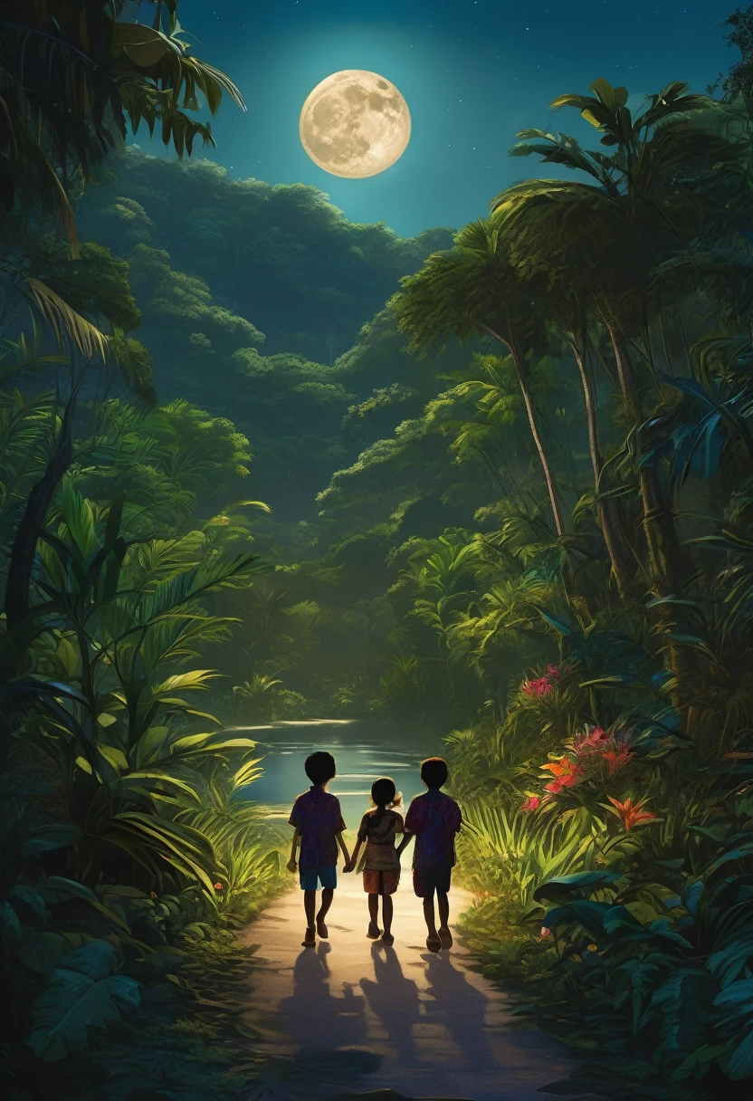 A serene night-time scene in the heart of a lush jungle beside a gently flowing river. A full moon casts a soft silver glow over the landscape, illuminating a well-trodden path that weaves through the dense foliage. On this path, a young brother and sister walk side by side, their figures standing out in the moonlit night. The brother is casually dressed in a short-sleeved shirt and matching shorts, with socks that hint at a touch of practicality amidst the tropical ambiance. His attire allows for ease of movement as they navigate the jungle trail. In contrast, the sister dons a vibrant ethnic mini dress and crop top, complemented by a mini skirt that sways with every step she takes. Her outfit is a stunning array of patterns and colors, celebrating the cultural richness of the region they explore. The siblings' clothing choices seem to represent the harmonious blend of the familiar and the exotic, mirroring the natural surroundings. The silhouette of a majestic mountain range looms in the distance, its peaks kissed by the moon's light, providing a dramatic backdrop to their tranquil stroll. The river beside them reflects the moon's radiance, adding a shimmering ribbon of light to the darkened jungle floor. The air is thick with the sweet scent of blooming flowers and the distant calls of nocturnal wildlife, which only adds to the enchanting atmosphere. Their shadows dance and stretch along the path, creating an intimate connection between the siblings and the mysterious world around them. This realistic depiction of a moonlit jungle walk captures not only the physical beauty of their surroundings but also the bond shared between the brother and sister as they embark on their adventure under the watchful gaze of the full moon.