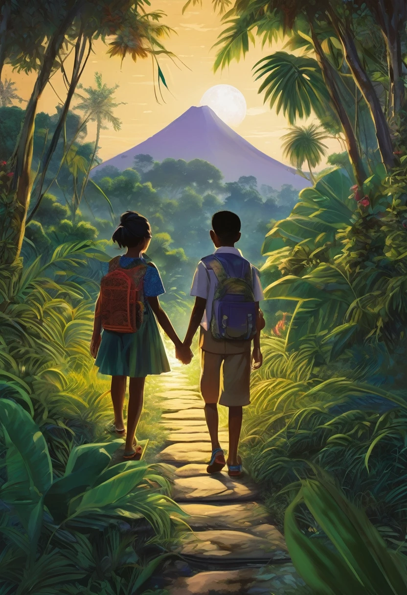 A serene night-time scene in the heart of a lush jungle beside a gently flowing river. A full moon casts a soft silver glow over the landscape, illuminating a well-trodden path that weaves through the dense foliage. On this path, a young brother and sister walk side by side, their figures standing out in the moonlit night. The brother is casually dressed in a short-sleeved shirt and matching shorts, with socks that hint at a touch of practicality amidst the tropical ambiance. His attire allows for ease of movement as they navigate the jungle trail. In contrast, the sister dons a vibrant ethnic mini dress and crop top, complemented by a mini skirt that sways with every step she takes. Her outfit is a stunning array of patterns and colors, celebrating the cultural richness of the region they explore. The siblings' clothing choices seem to represent the harmonious blend of the familiar and the exotic, mirroring the natural surroundings. The silhouette of a majestic mountain range looms in the distance, its peaks kissed by the moon's light, providing a dramatic backdrop to their tranquil stroll. The river beside them reflects the moon's radiance, adding a shimmering ribbon of light to the darkened jungle floor. The air is thick with the sweet scent of blooming flowers and the distant calls of nocturnal wildlife, which only adds to the enchanting atmosphere. Their shadows dance and stretch along the path, creating an intimate connection between the siblings and the mysterious world around them. This realistic depiction of a moonlit jungle walk captures not only the physical beauty of their surroundings but also the bond shared between the brother and sister as they embark on their adventure under the watchful gaze of the full moon.