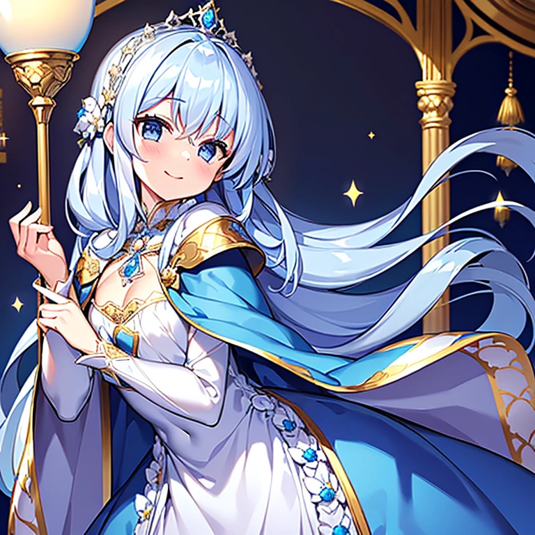 looking at viewer, upper body,(masterpiece),(best quality),(rococo style),(long train blue cape:1.15), very long cape,(long train white ball gown with flower decorations:1.1), a girl is wearing a cape over her gown, 1 little princess, tiara, smile, very long hair, small breasts