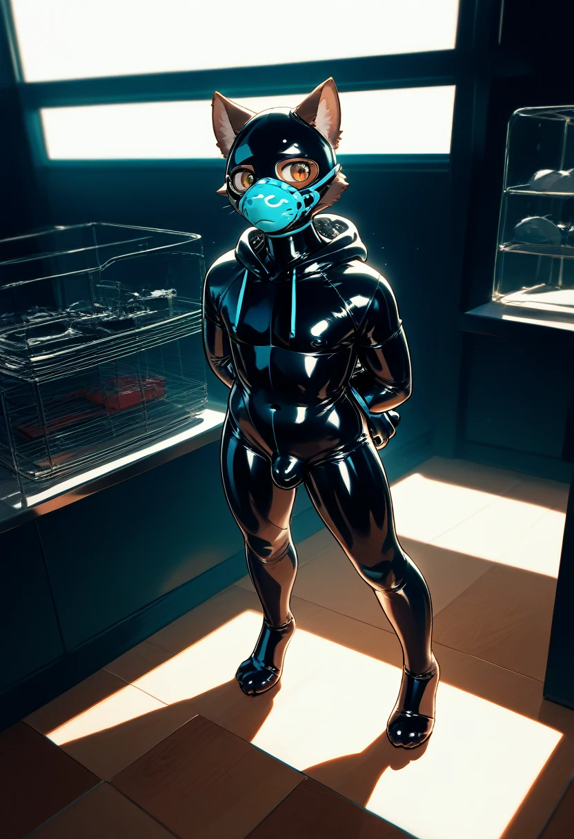 Highest quality, Highest quality, High quality illustrations, masterpiece, Ultra-high resolution, Detailed Background, Games Room, Absurd, Perfect Anatomy, performance, Good lighting, Shadows in the movies(kemono, Furry PersonifiCation), Cat, Dark Skin, Rubber suit, Rubber suit, latex, neon, neonライト, neonカラー, Rubber spats, Rubber Hoodie, Rubber mask, Hands tied behind back, ribbon, Embarrassing, Null bulge, male, juvenile, from above