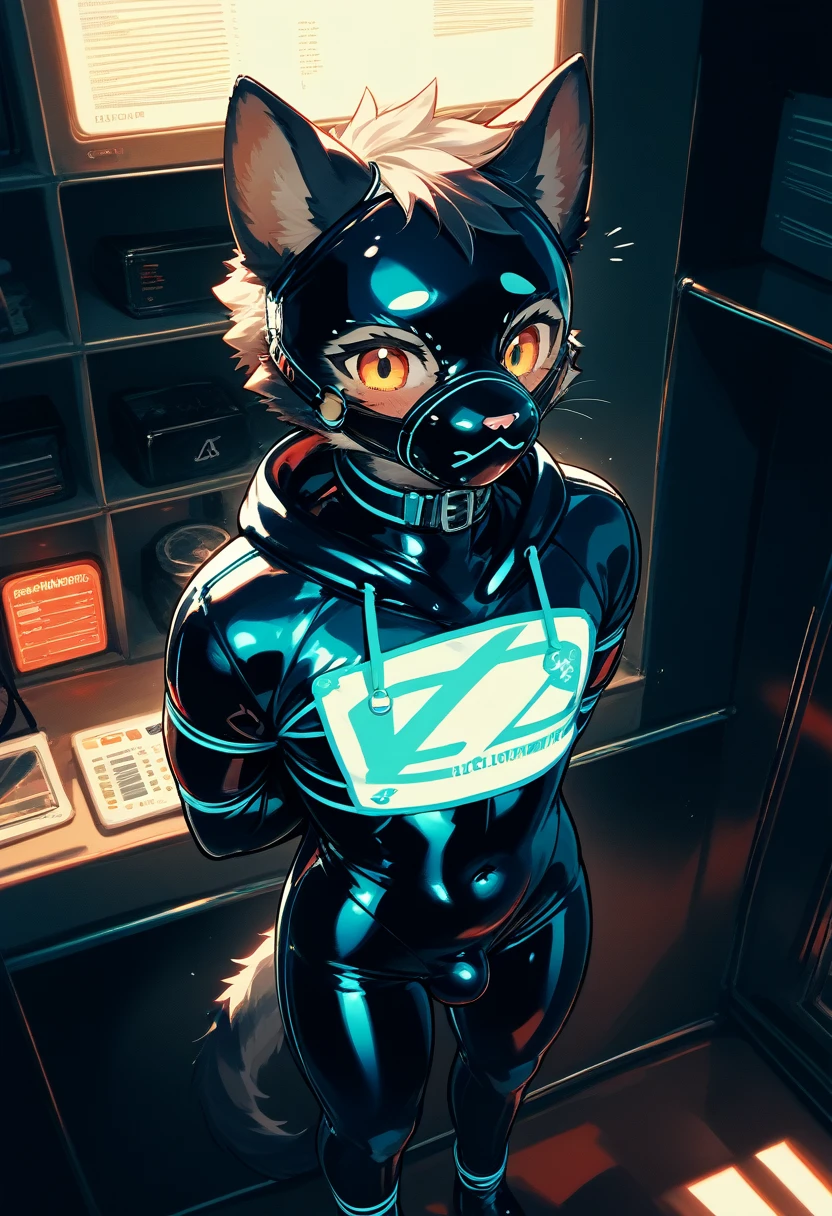Highest quality, Highest quality, High quality illustrations, masterpiece, Ultra-high resolution, Detailed Background, Games Room, Absurd, Perfect Anatomy, performance, Good lighting, Shadows in the movies(kemono, Furry PersonifiCation), Cat, Dark Skin, Rubber suit, Rubber suit, latex, neon, neonライト, neonカラー, Rubber spats, Rubber Hoodie, Rubber mask, Hands tied behind back, ribbon, Embarrassing, Null bulge, male, juvenile, from above