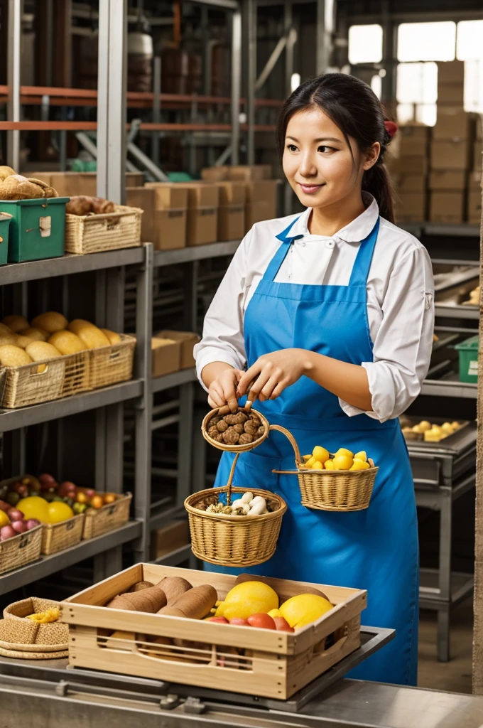 Make an image where a lady has a very large factory and makes food to give to a rabbit.