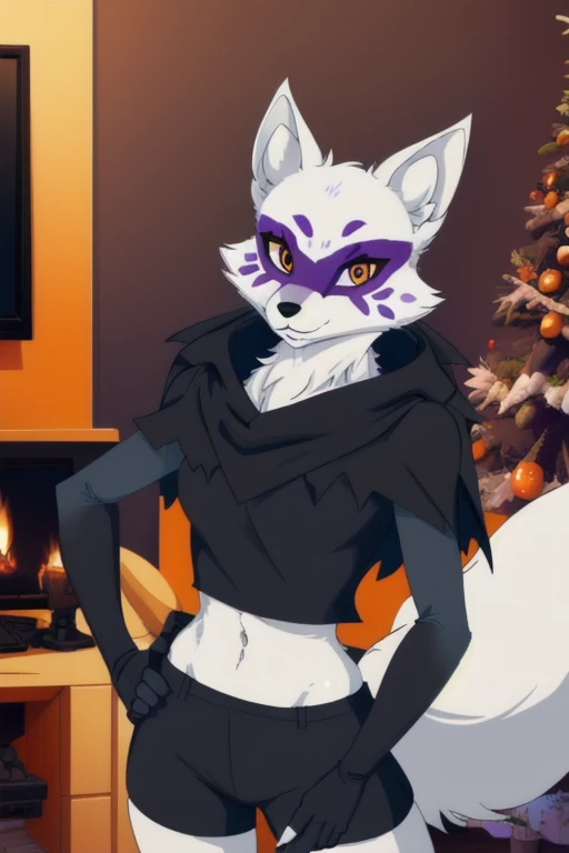 Alopex, arctic fox, furry character, purple marks face, tmnt, smile, orange eyes, girl1, solo, black cape, gloves, black shirt, black shorts, best quality, masterpiece, living room