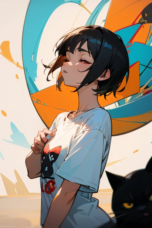 anime style,artistic, masterpiece,best quality, dsuper fine illustration, super detailed, dynamic angle,8k,detailed background,in beach, (BREAK a female is singing . She is wearing {a white T-shirt with a graffiti art-style cat illustration}.)Break very short hair,flat chest,black hair,red-eyes,black cat year,closed eyes