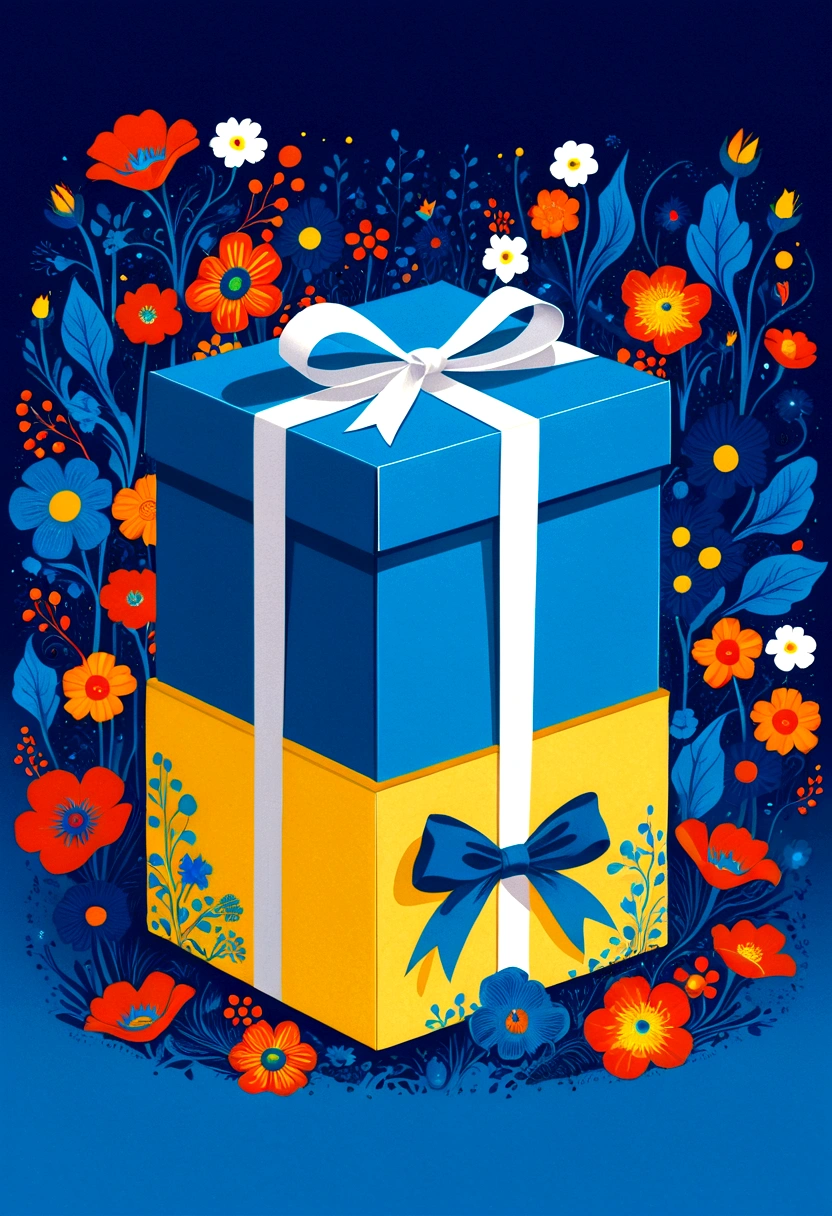 poster design，A huge blue gift box，Flowers，Ribbon，White crewneck shirt，fantasy，Minimalism，fantasy，Kusama Yayoi style
