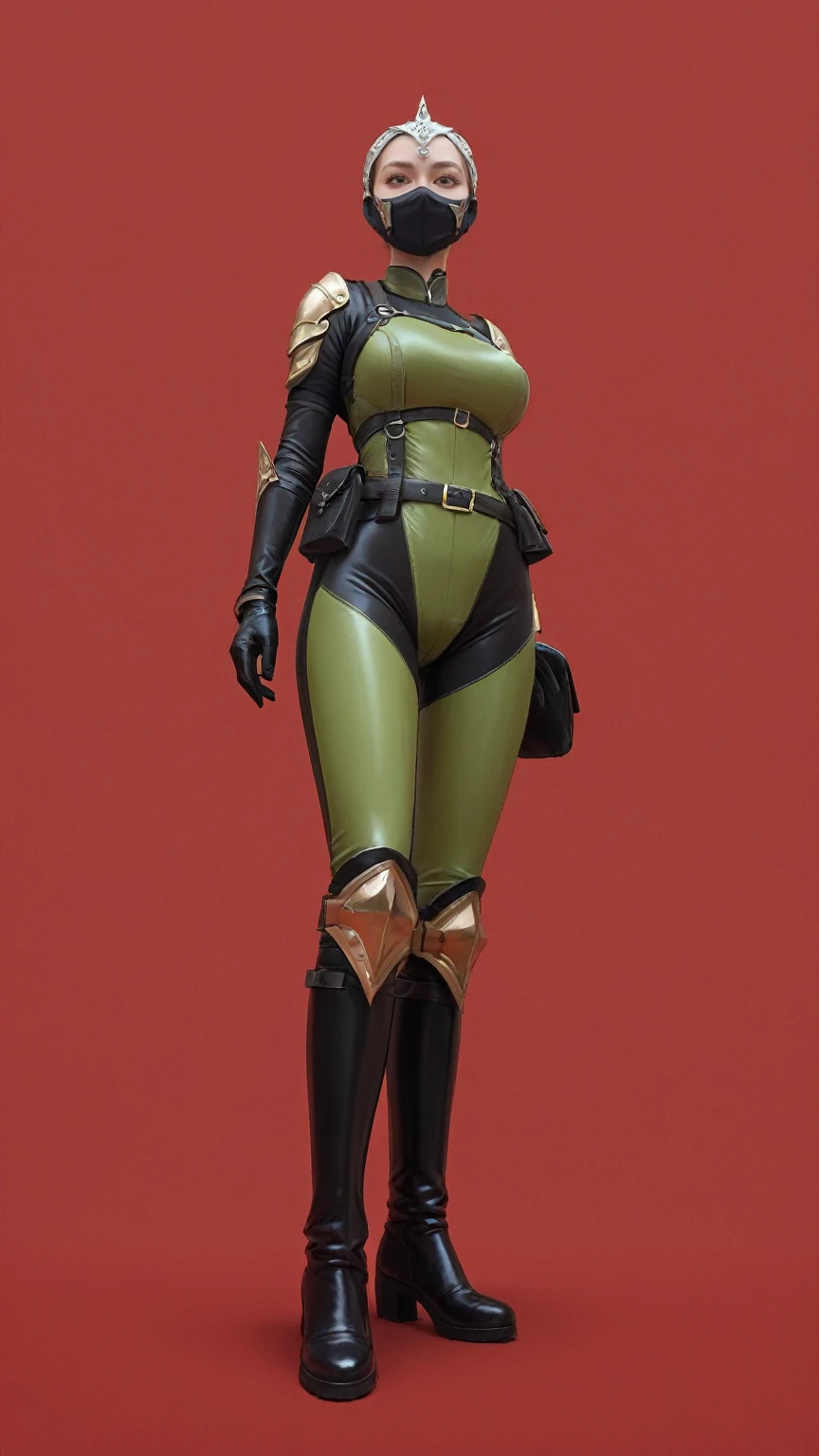 score_9,score_8_up,score_7_up,
red background,1girl,solo,from below,looking at viewer,standing,full body,large breasts,lemon0035,green bodysuit,black bodysuit,armor,belt,gloves,pouch,mask,boots,