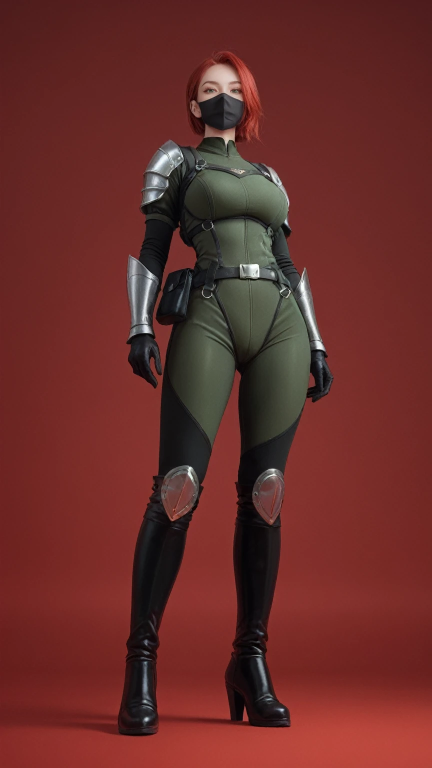 score_9,score_8_up,score_7_up,
red background,1girl,solo,from below,looking at viewer,standing,full body,large breasts,lemon0035,green bodysuit,black bodysuit,armor,belt,gloves,pouch,mask,boots,