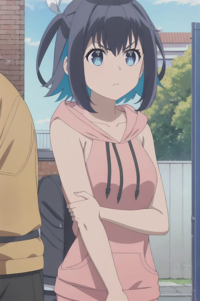 (extremely detailed CG unity 8k wallpaper),(masterpiece),(best quality),(ultra-detailed),(best illustration),(best shadow),(absurdres), Konoha, 1girl, solo, hoodie, hood, blue eyes, multicolored hair, black hair, blue hair, sleeveless, pink hoodie, looking at viewer, breasts, short hair, upper body, colored inner hair, collarbone, sleeveless hoodie, two-tone hair, bangs, v-shaped eyebrows, hood down, bare shoulders, closed mouth, frown, outdoors, dark skin