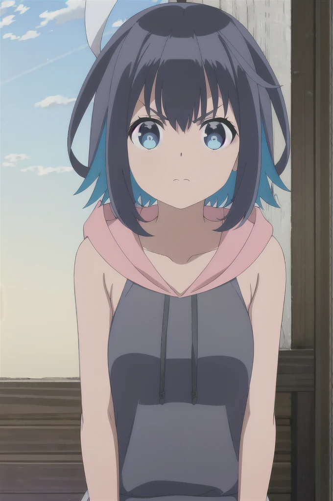 (extremely detailed CG unity 8k wallpaper),(masterpiece),(best quality),(ultra-detailed),(best illustration),(best shadow),(absurdres), Konoha, 1girl, solo, hoodie, hood, blue eyes, multicolored hair, black hair, blue hair, sleeveless, pink hoodie, looking at viewer, breasts, short hair, upper body, colored inner hair, collarbone, sleeveless hoodie, two-tone hair, bangs, v-shaped eyebrows, hood down, bare shoulders, closed mouth, frown, outdoors, dark skin