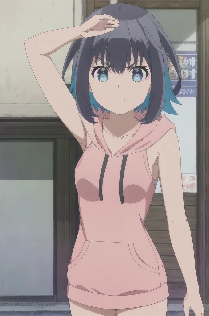(extremely detailed CG unity 8k wallpaper),(masterpiece),(best quality),(ultra-detailed),(best illustration),(best shadow),(absurdres), Konoha, 1girl, solo, hoodie, hood, blue eyes, multicolored hair, black hair, blue hair, sleeveless, pink hoodie, looking at viewer, breasts, short hair, upper body, colored inner hair, collarbone, sleeveless hoodie, two-tone hair, bangs, v-shaped eyebrows, hood down, bare shoulders, closed mouth, frown, outdoors, dark skin